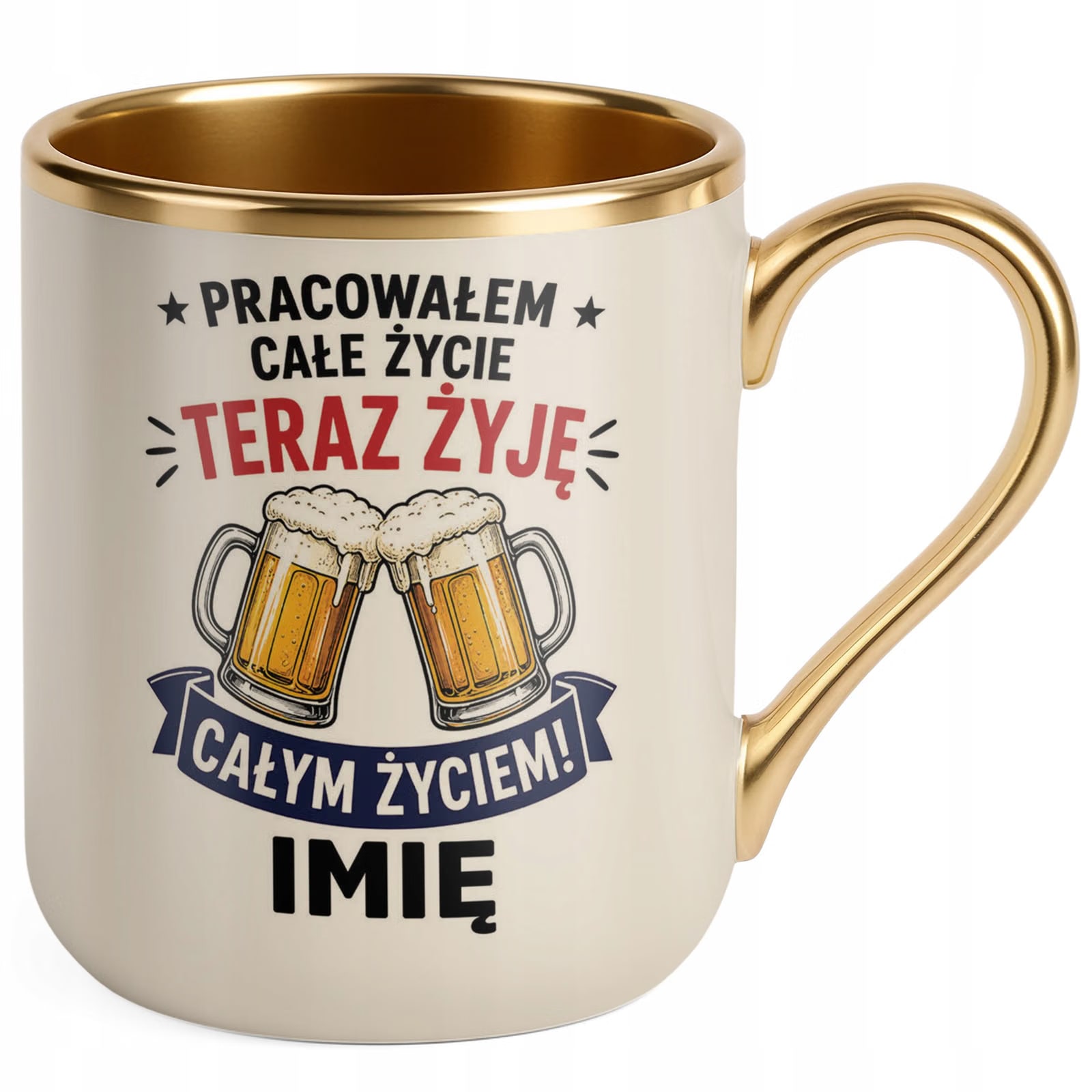 Kubek Personalizowany z nadrukiem Premium Złoty Ecru Emerytura Prezent