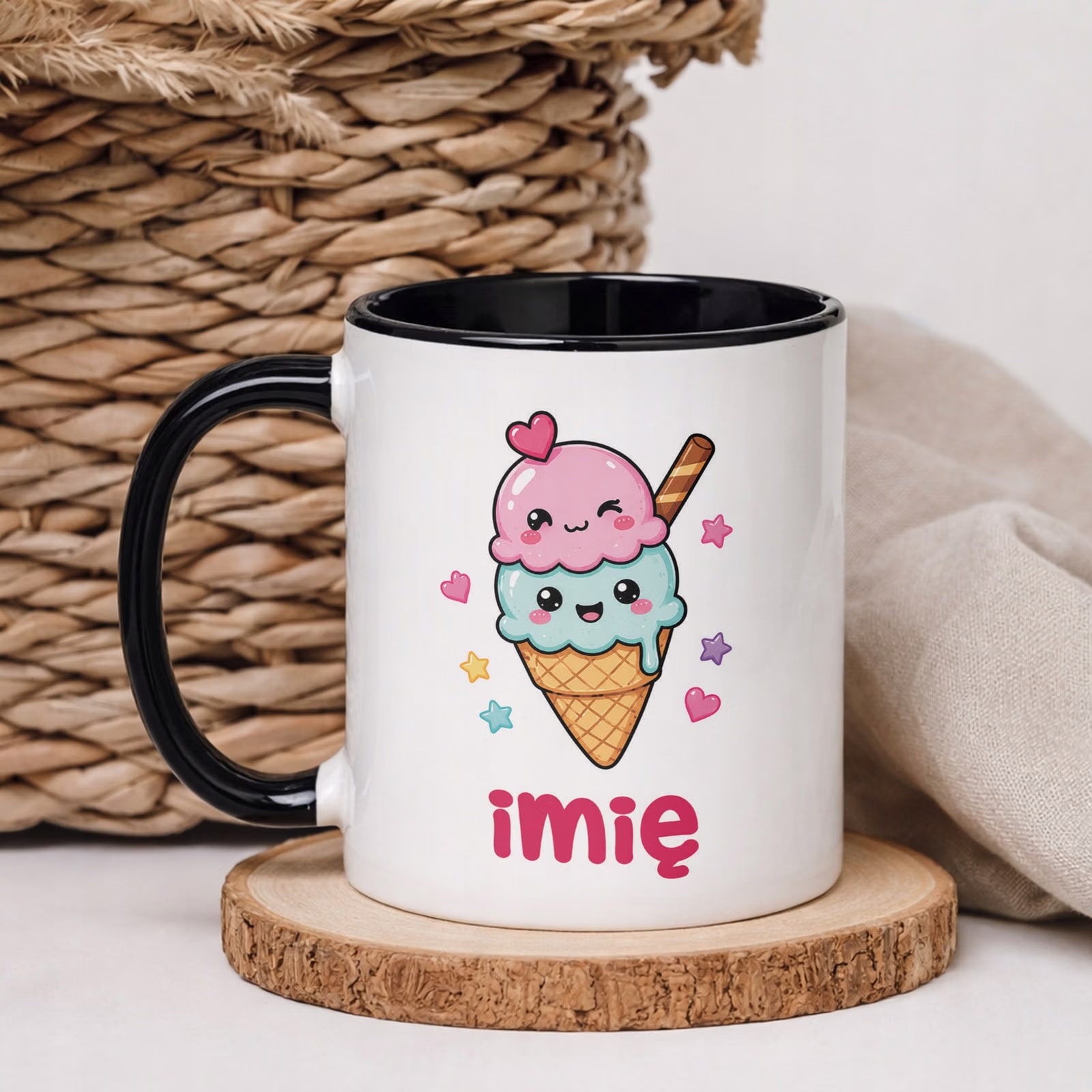 Kubek Czarny z nadrukiem personalizowany Kawaii Lody Dla Dzieci Prezent