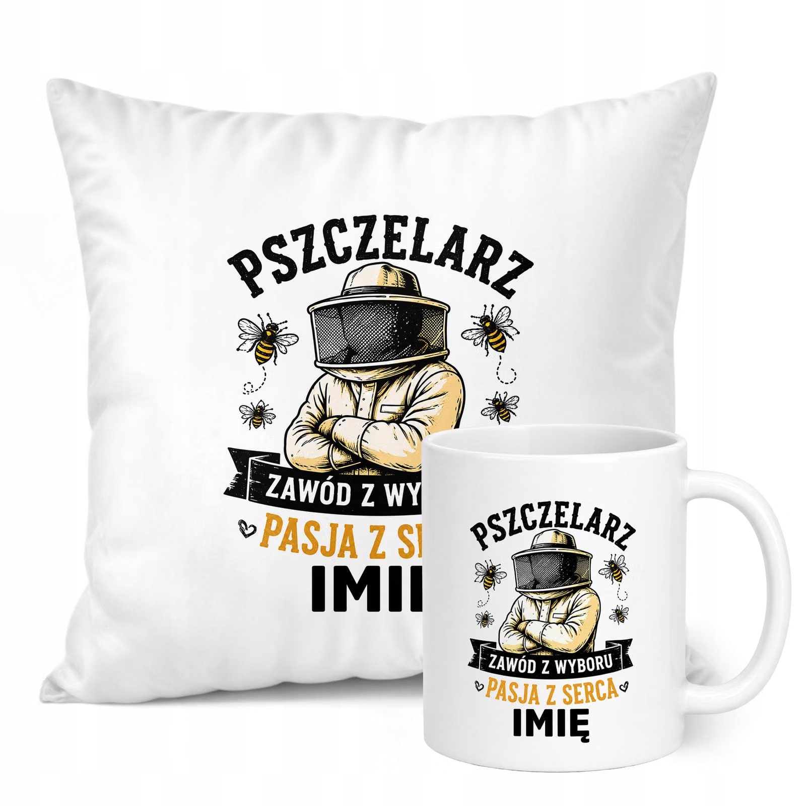 Zestaw Personalizowany Kubek Biały Poduszka Z Nadrukiem Dla Pszczelarza