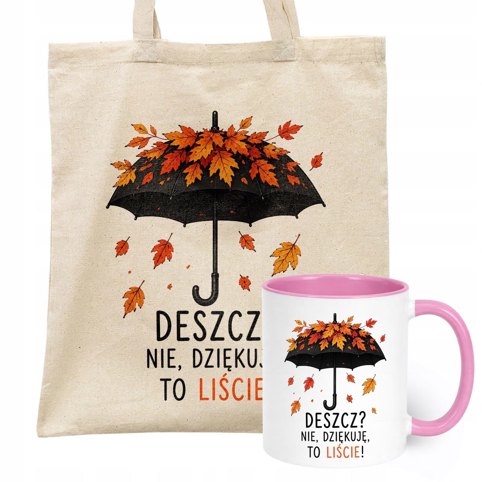 Zestaw Kubek Różowy Torba Shopper Ecru Z Nadrukiem Jesień Jesienny