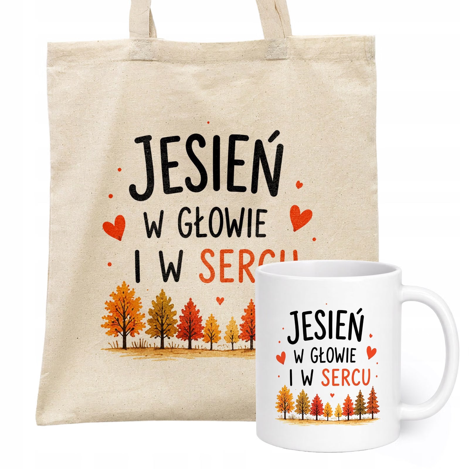 Zestaw Kubek Biały Torba Shopper Ecru Z Nadrukiem Jesień Jesienny Prezent
