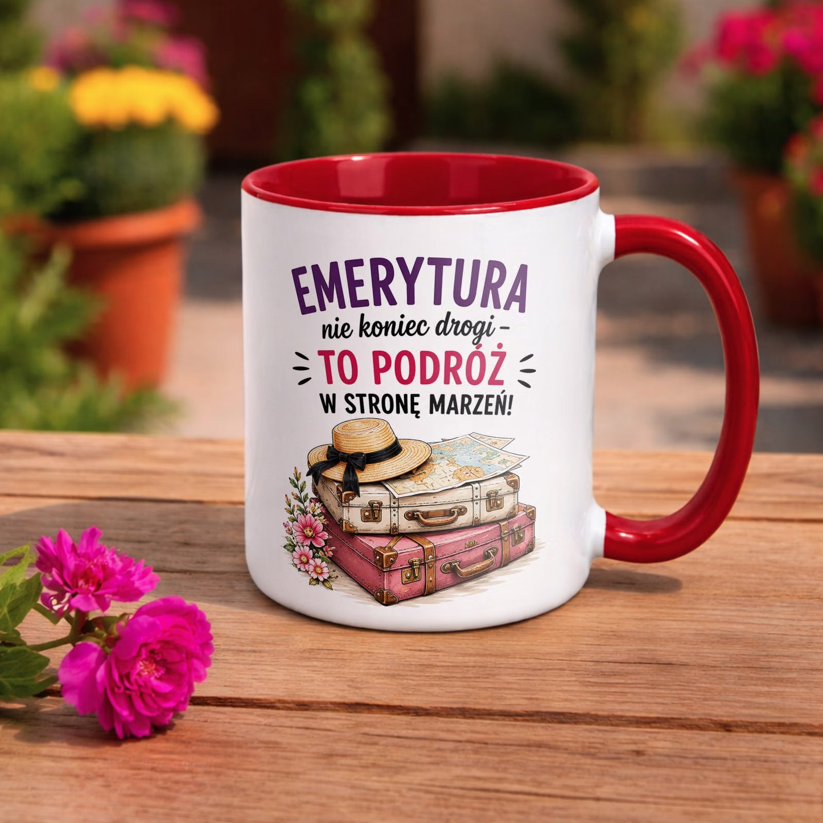 Kubek Czerwony z nadrukiem Emerytura Dla Emerytki Upominek Prezent