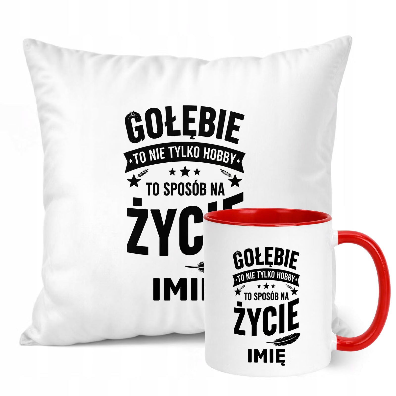 Zestaw Personalizowany Kubek Czerwony Poduszka Z Nadrukiem Dla Gołębiarza