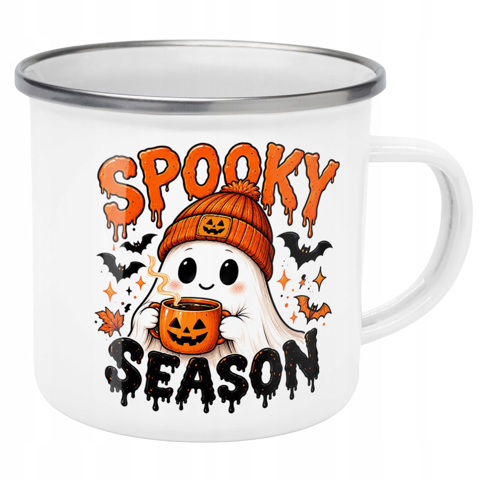 Kubek Emaliowany Halloween Spooky Season z Nadrukiem Biały Metalowy Prezent