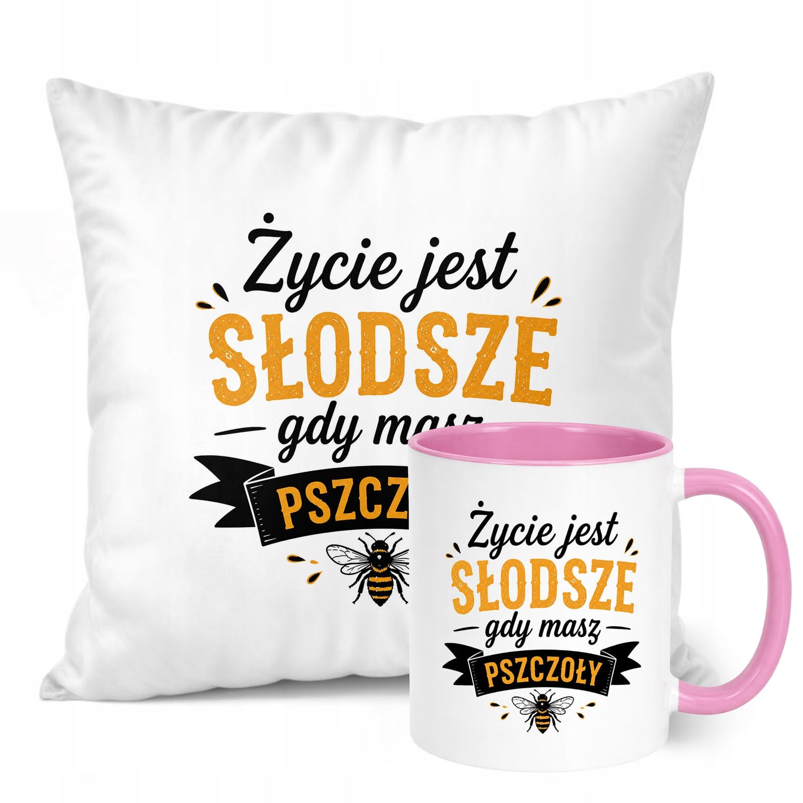 Zestaw Kubek Różowy Poduszka Z Nadrukiem Dla Pszczelarza Prezent
