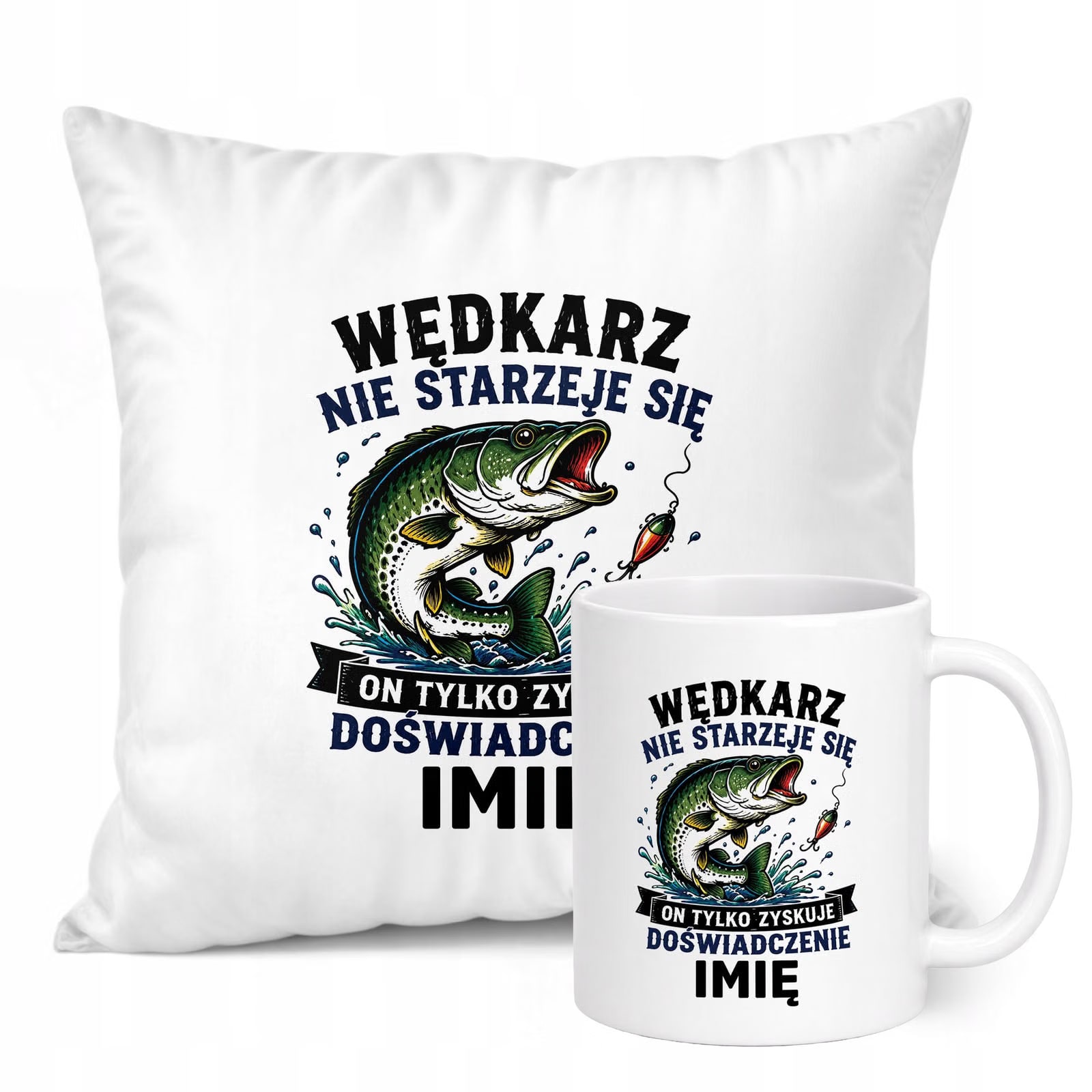 Zestaw Personalizowany Kubek Biały Poduszka Z Nadrukiem Dla Wędkarza