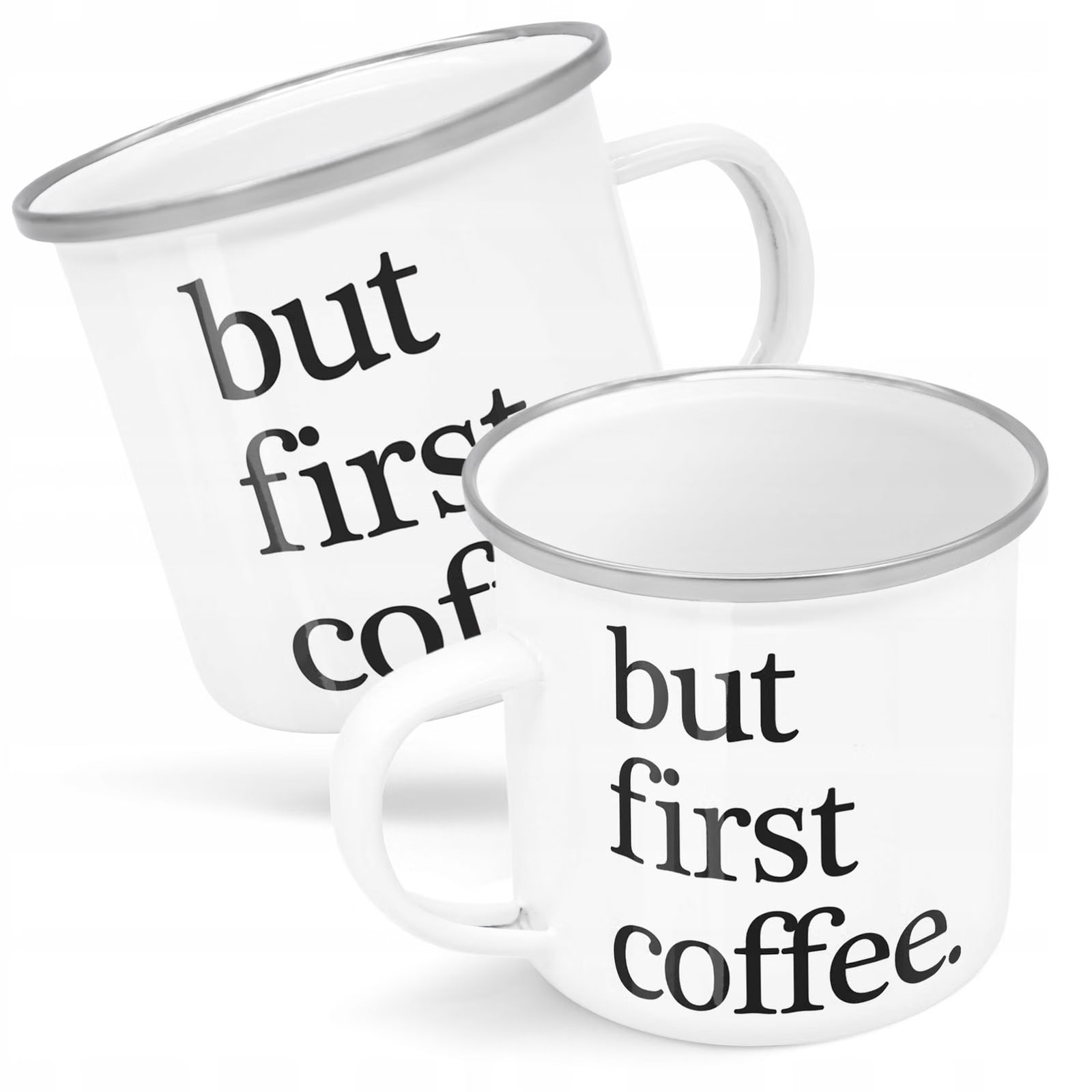Kubek Emaliowany But First Coffee Kawa Prezent z Nadrukiem Biały Metalowy