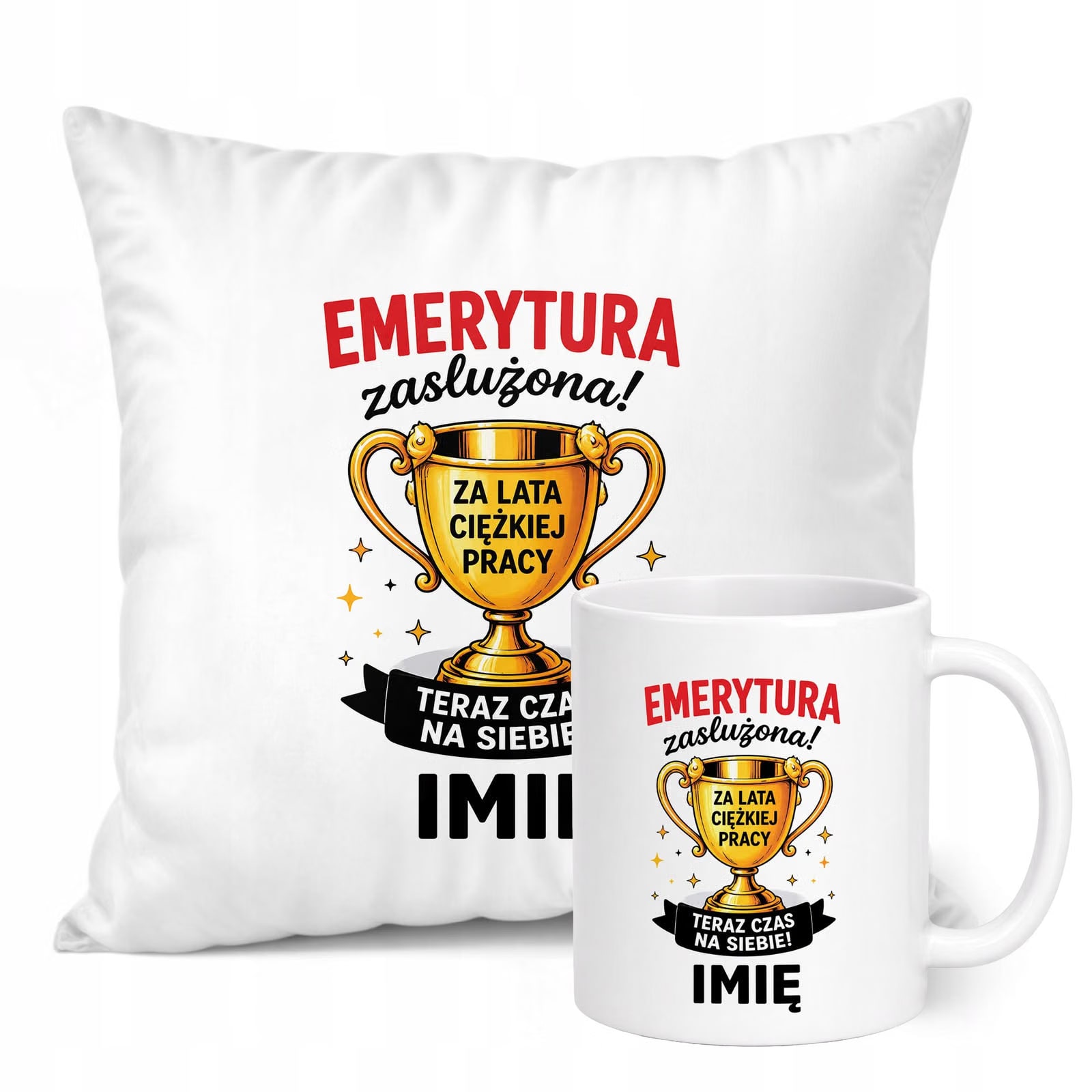 Zestaw Personalizowany Kubek Biały Poduszka Emerytura Upominek Prezent