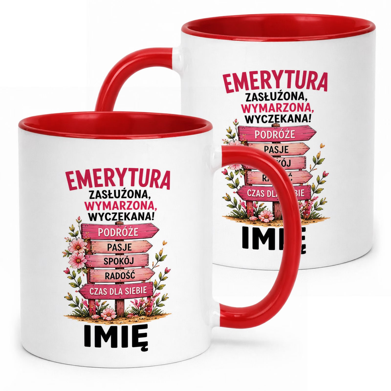 Kubek Czerwony Personalizowany z Nadrukiem Emerytura Dla Emerytki Prezent