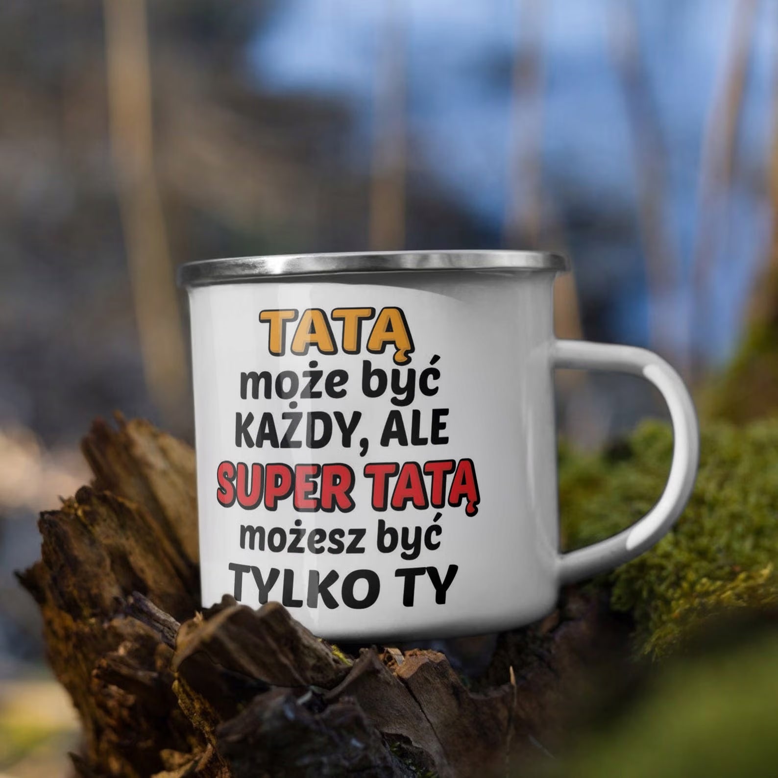 Kubek Emaliowany Dzień Ojca Dla Taty Tatą Może z Nadrukiem Biały Metalowy