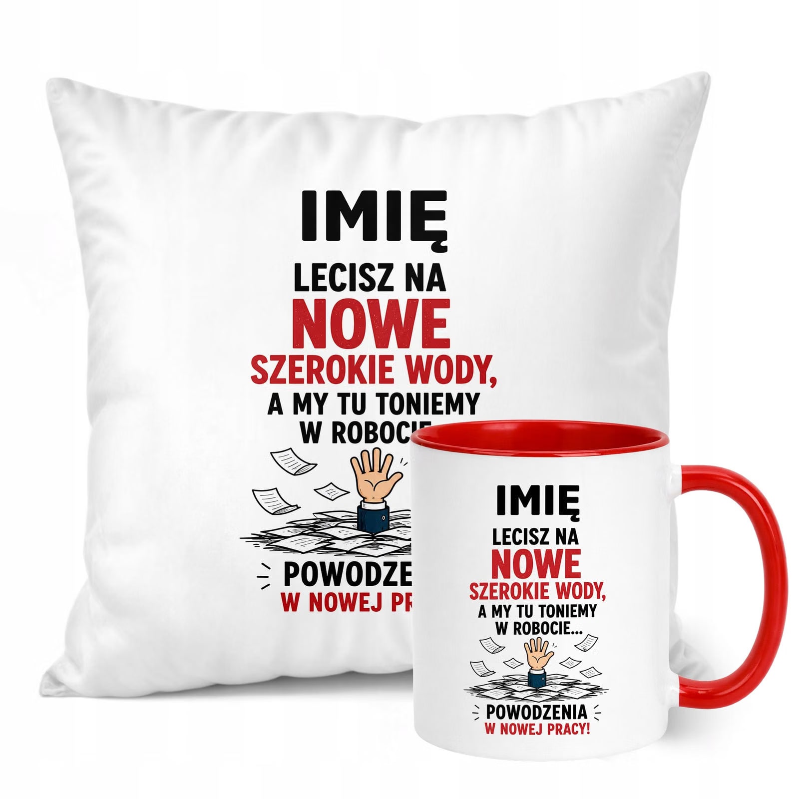 Zestaw Personalizowany Kubek Czerwony Poduszka Odejście z Pracy Prezent