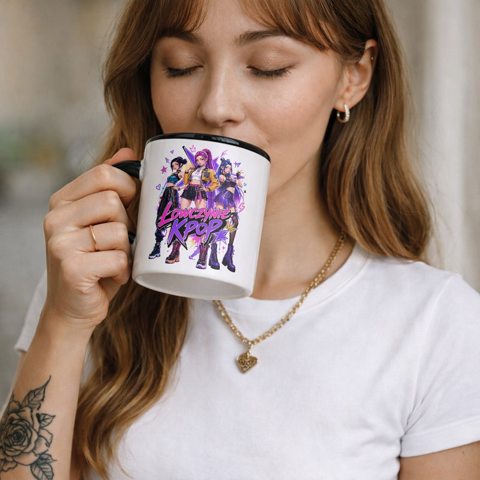 Zestaw Kubek Czarny Podkładka pod mysz z nadrukiem Łowczynie Kpop