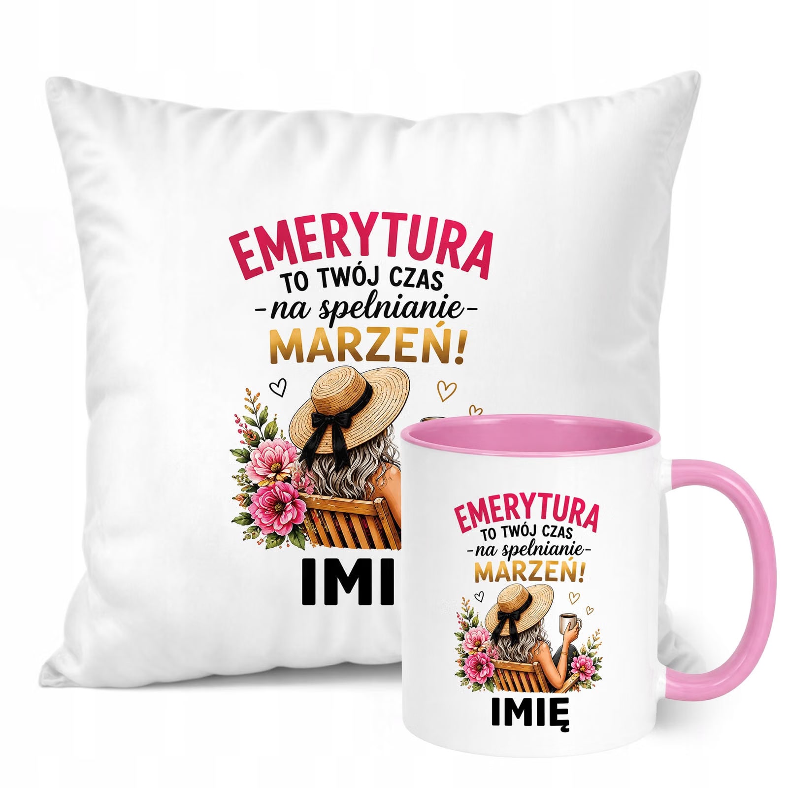 Zestaw Personalizowany Kubek Różowy Poduszka Emerytura Upominek Prezent
