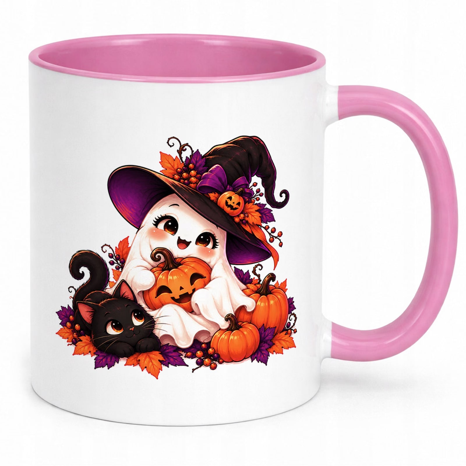 Kubek Różowy z Nadrukiem Halloween Jesień Duch Dynia Prezent Upominek