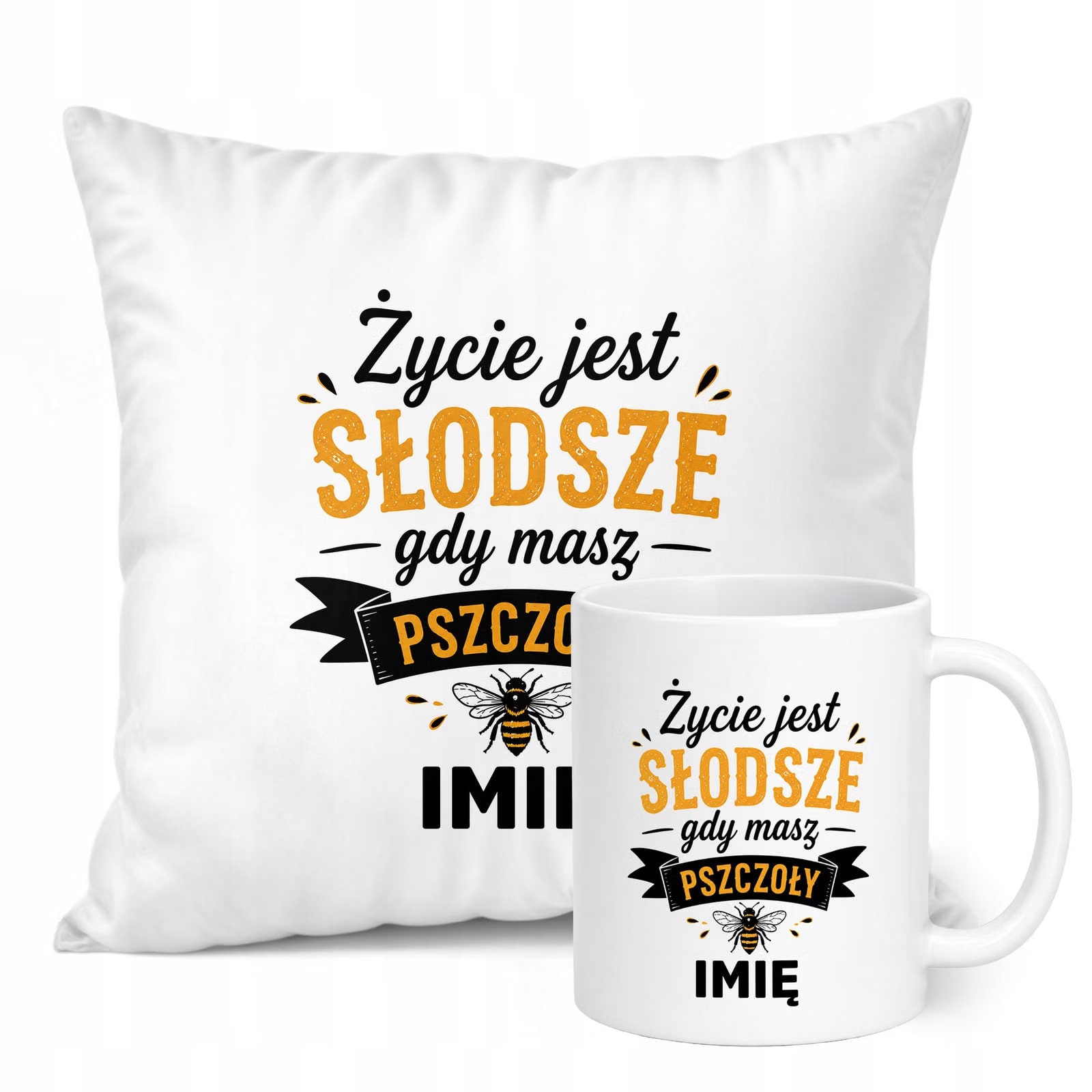 Zestaw Personalizowany Kubek Biały Poduszka Z Nadrukiem Dla Pszczelarza