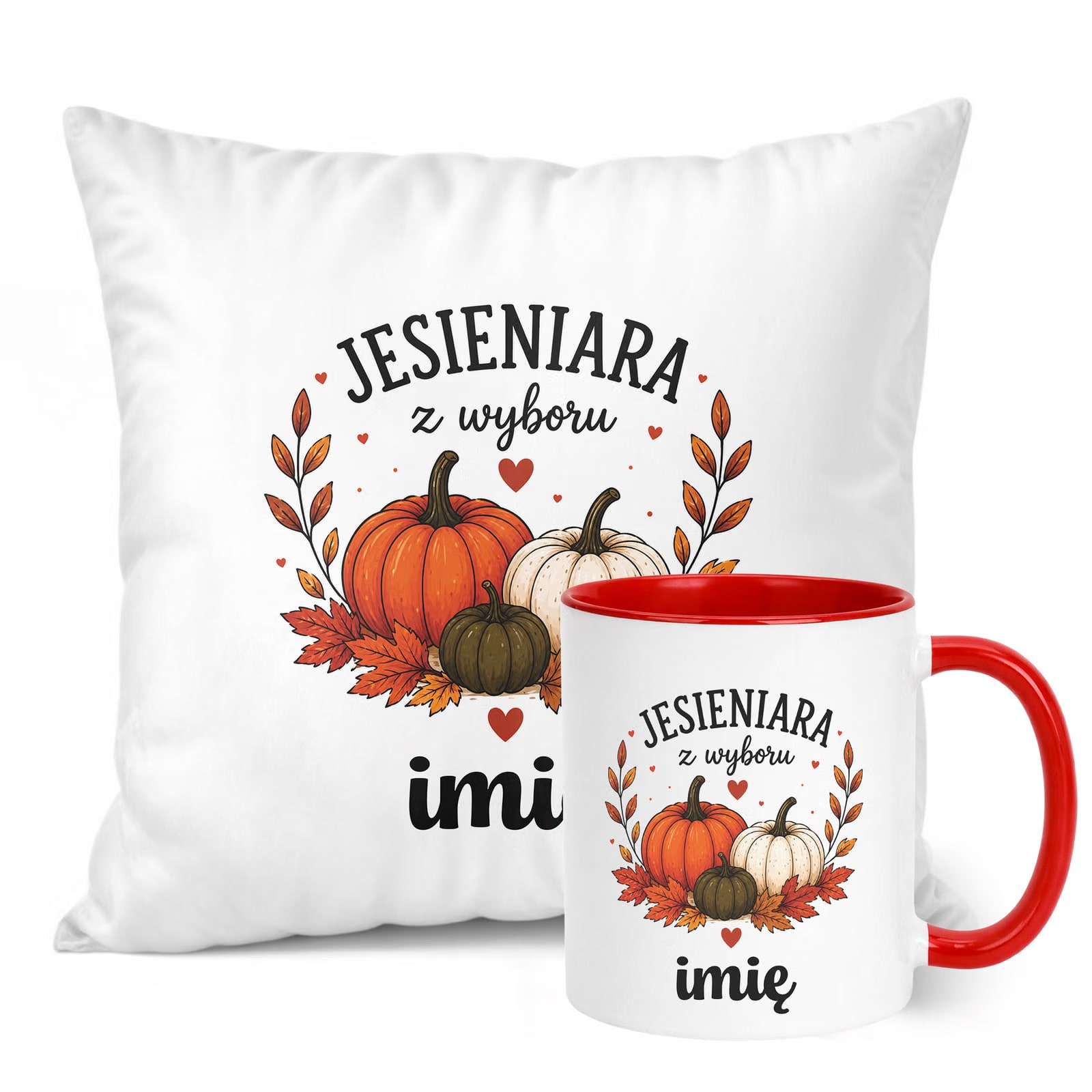 Zestaw Personalizowany Kubek Czerwony Poduszka Jesień Z Nadrukiem