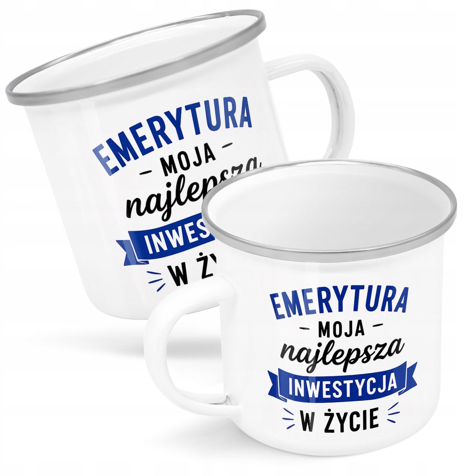 Kubek Emaliowany Emerytura Dla Emeryta z Nadrukiem Biały Metalowy Prezent