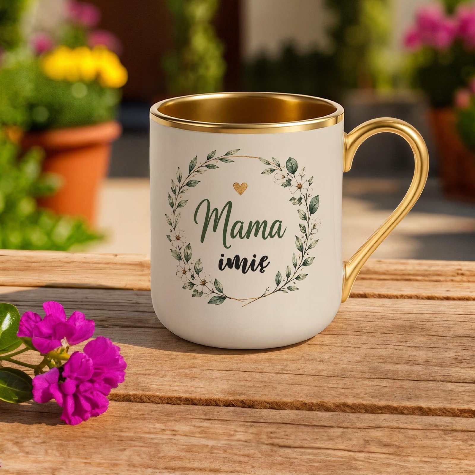 Kubek premium złoty ecru personalizowany dla mamy prezent Dzień Matki