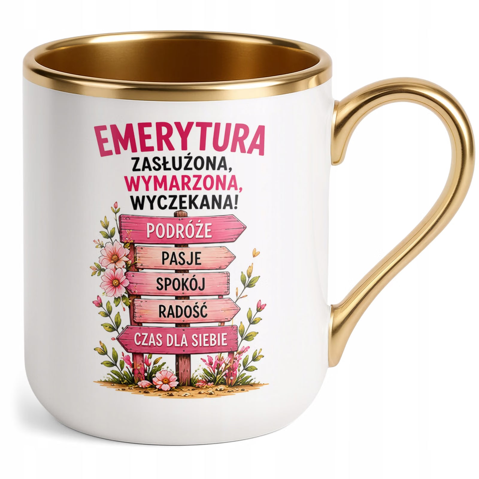 Kubek z nadrukiem Premium Złoty Emerytura Dla Emerytki Upominek Prezent