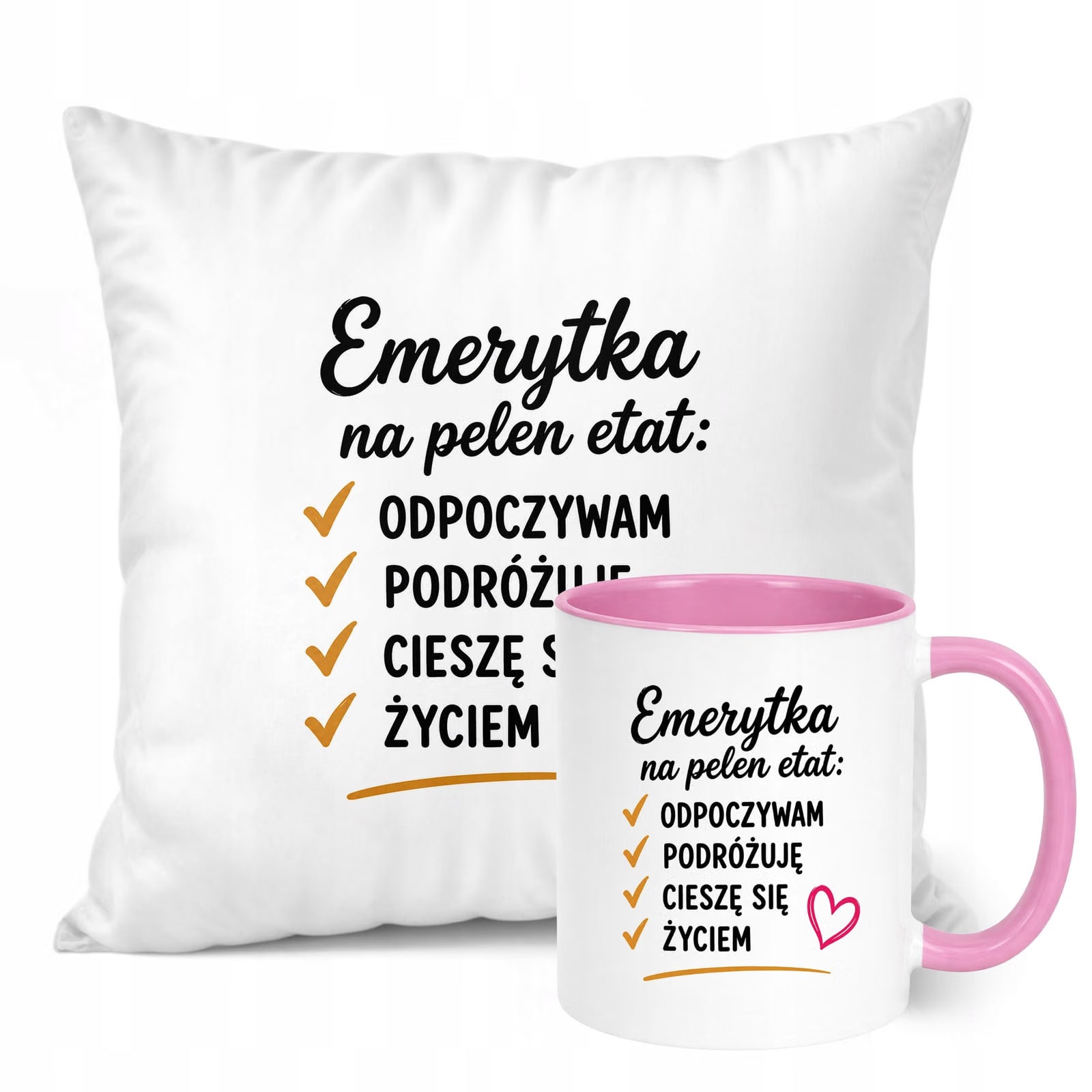 Zestaw Kubek Różowy Poduszka Z Nadrukiem Emerytura Dla Emerytki Prezent