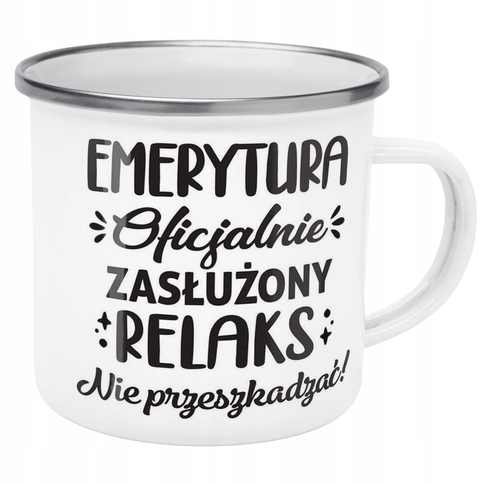 Kubek Emaliowany z okazji Emerytury Dla Emeryta z Nadrukiem Biały Metalowy