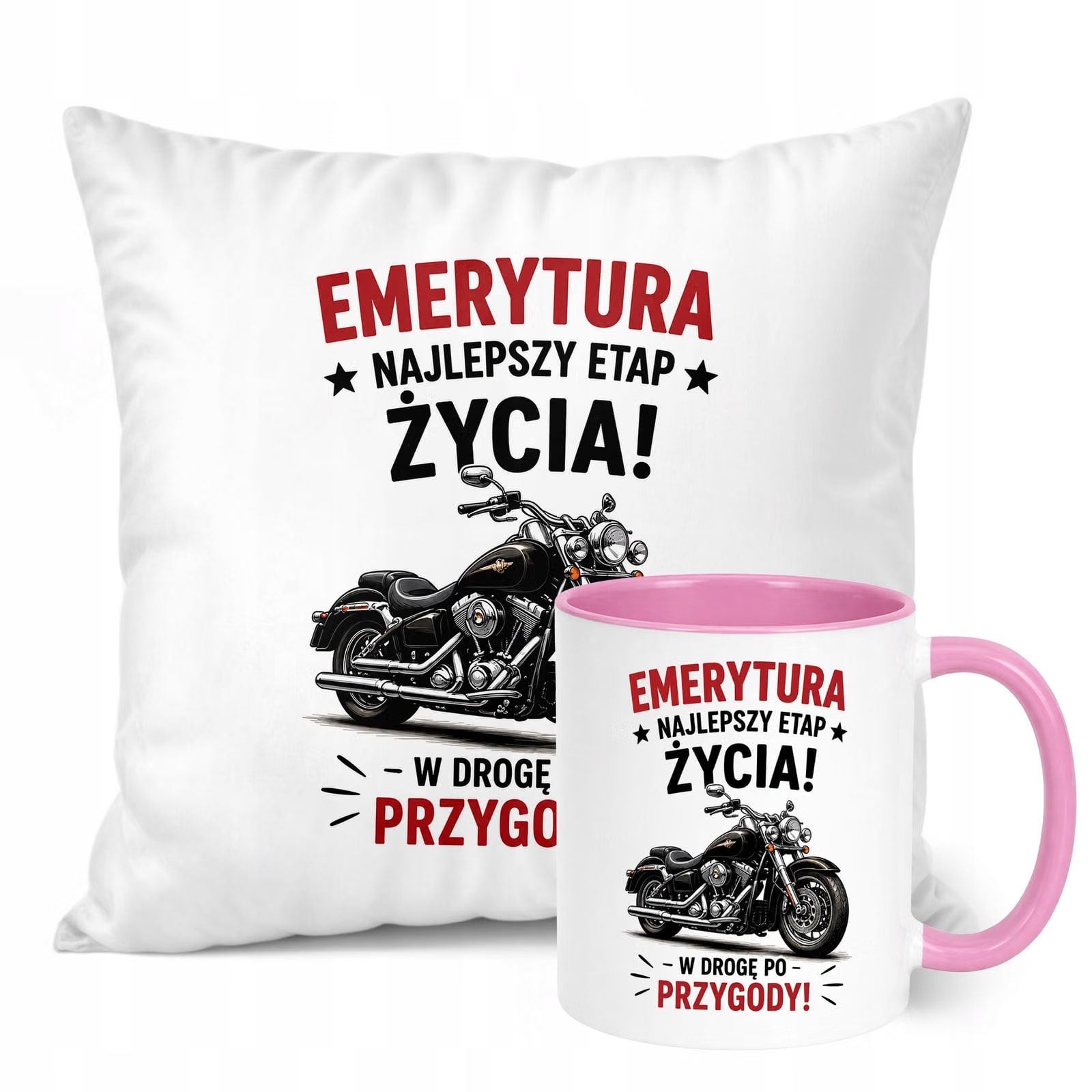 Zestaw Kubek Różowy Poduszka Z Nadrukiem Emerytura Dla Emeryta Prezent