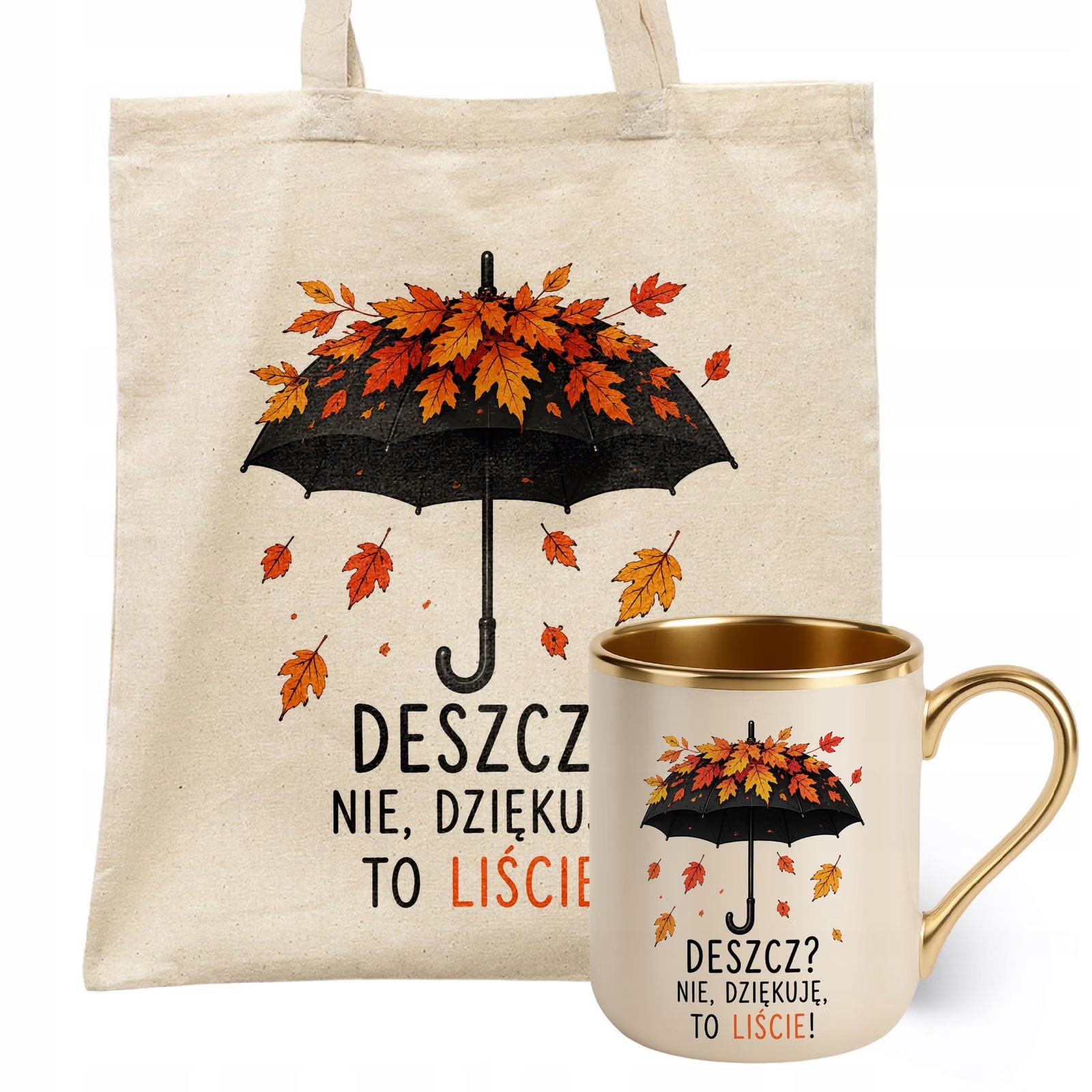 Zestaw Kubek Premium Złoty Ecru Torba Shopper Ecru Z Nadrukiem Jesień