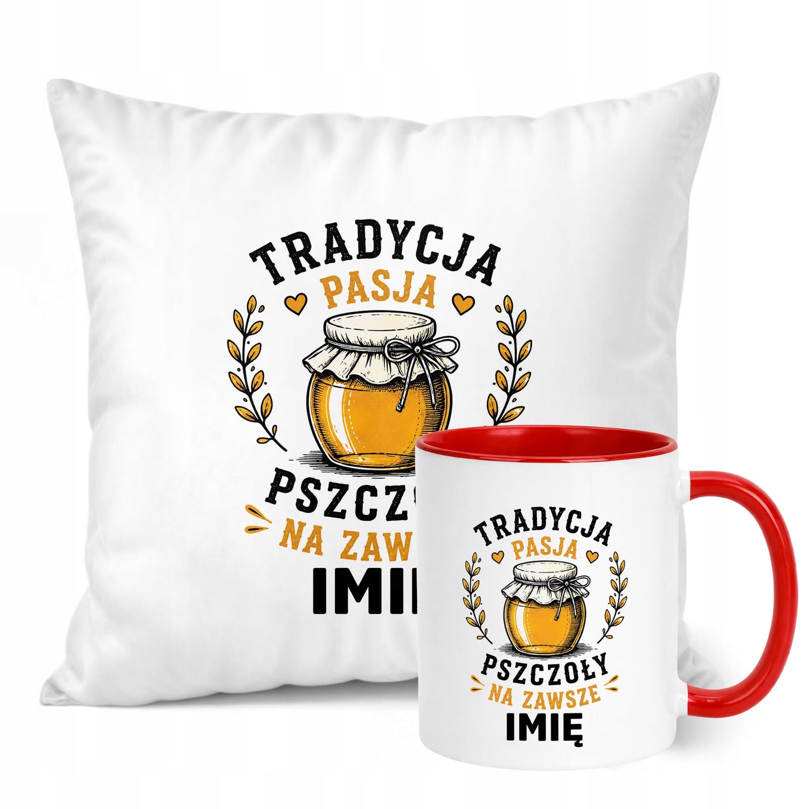 Zestaw Personalizowany Kubek Czerwony Poduszka Z Nadrukiem Dla Pszczelarza