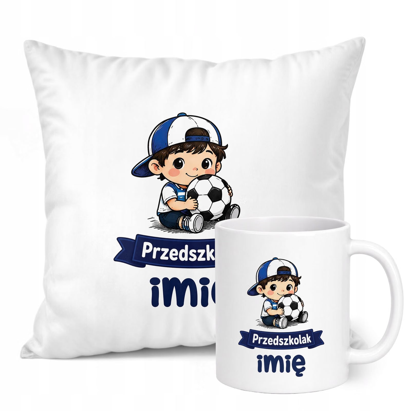 Zestaw Personalizowany Kubek Biały Poduszka Przedszkolak Piłka
