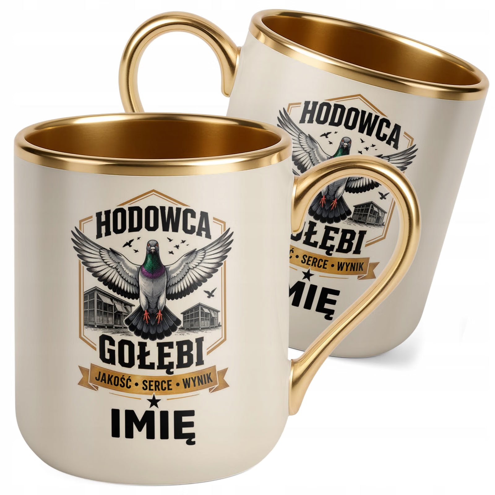 Kubek Personalizowany z nadrukiem Premium Złoty Ecru Dla Gołębiarza Prezent