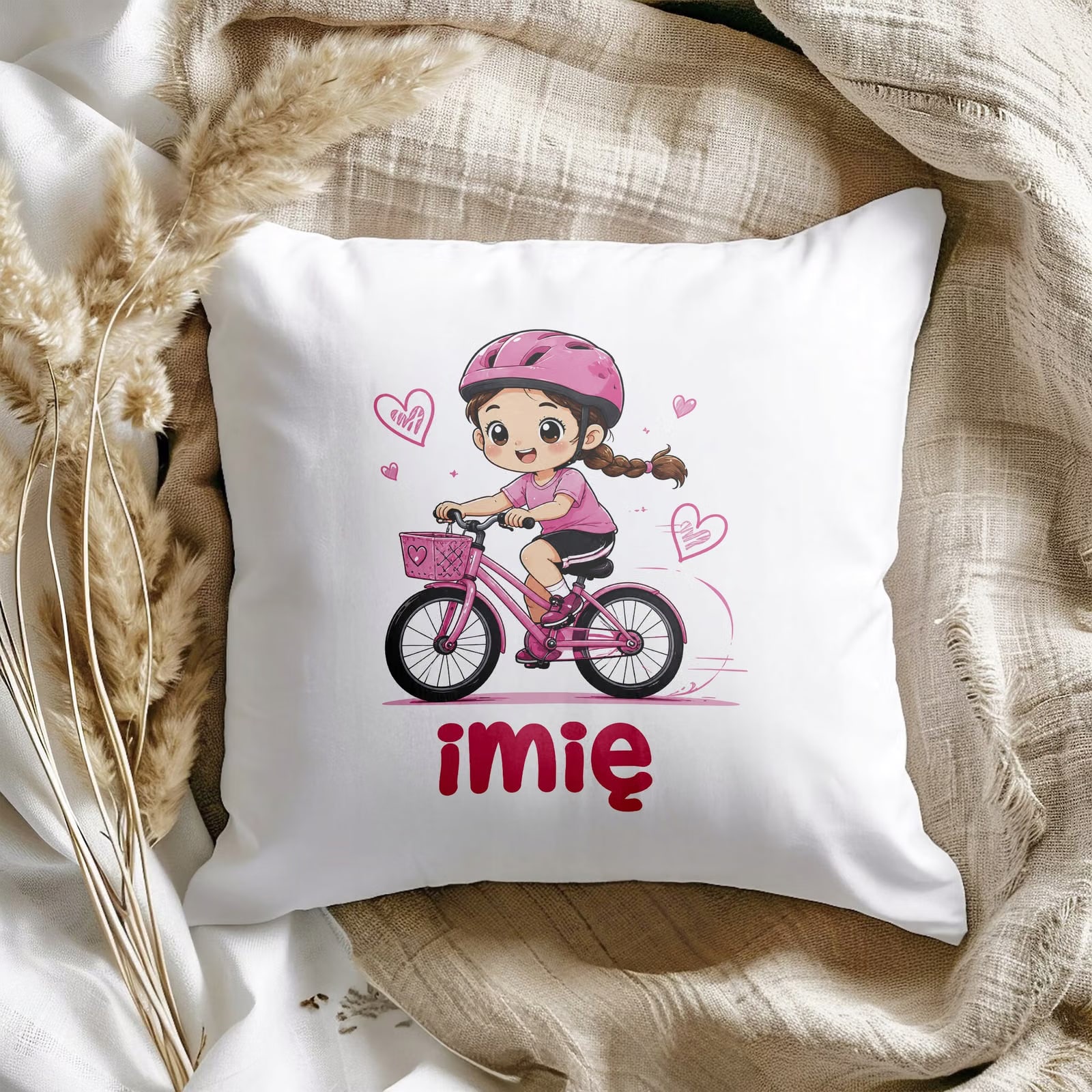 Zestaw Personalizowany Kubek Różowy Poduszka Rower Prezent