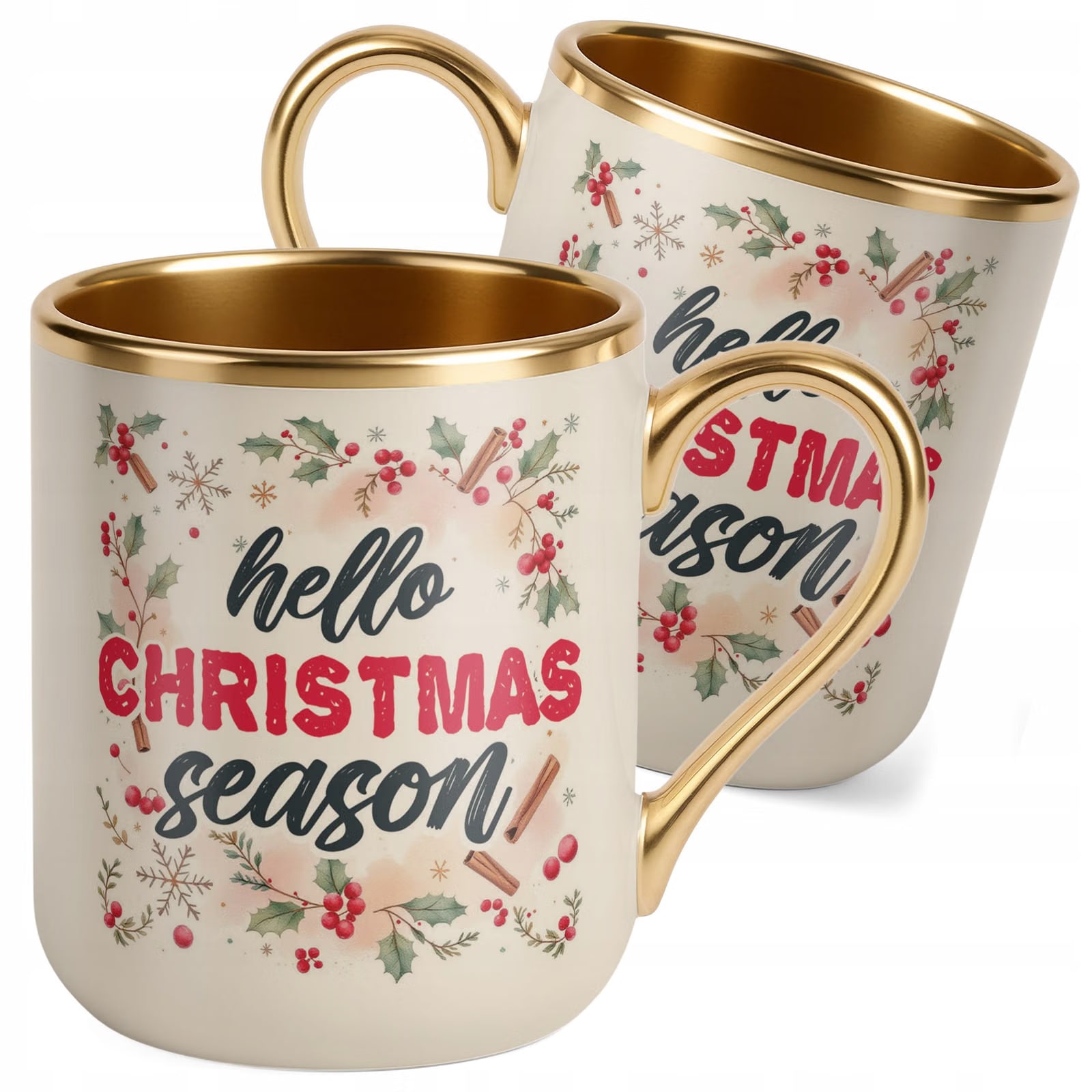 Kubek Premium Złoty Ecru Boże Narodzenie Hello Christmas Season Prezent