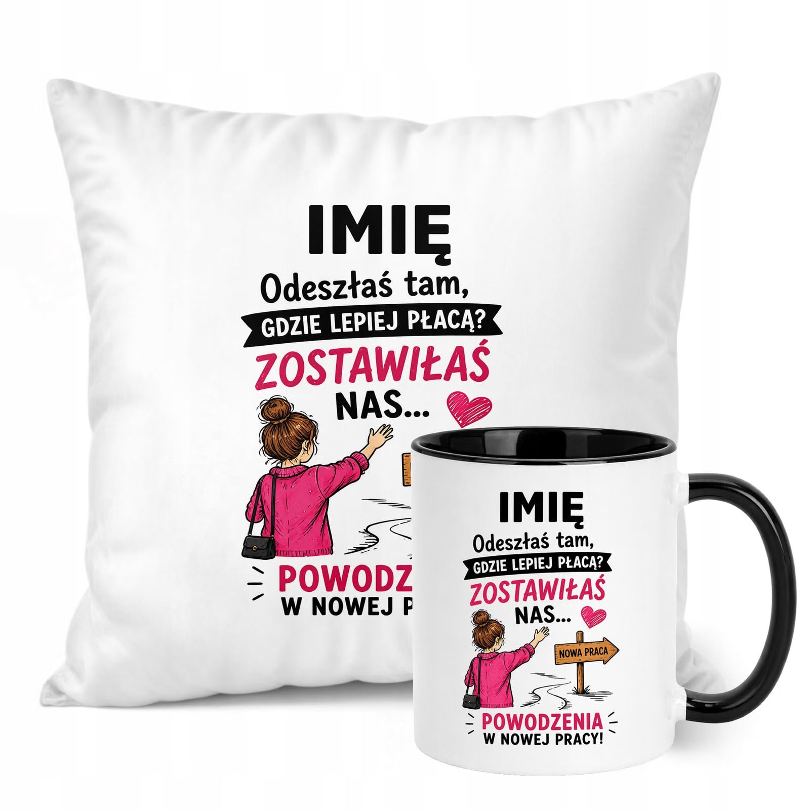 Zestaw Personalizowany Kubek Czarny Poduszka Odejście z Pracy Prezent