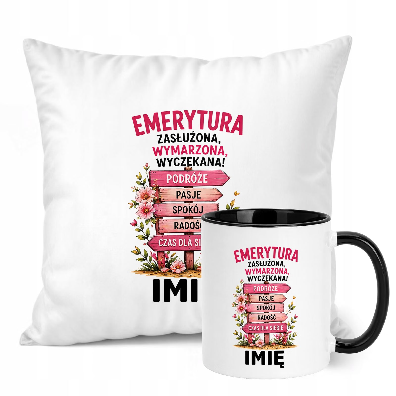 Zestaw Personalizowany Kubek Czarny Poduszka Emerytura Upominek Prezent