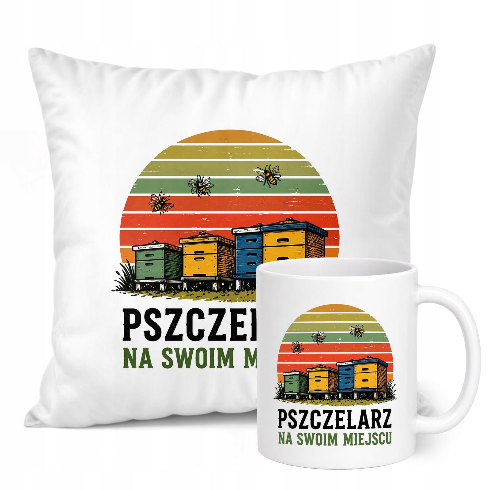 Zestaw Kubek Biały Poduszka Z Nadrukiem Dla Pszczelarza Upominek Prezent