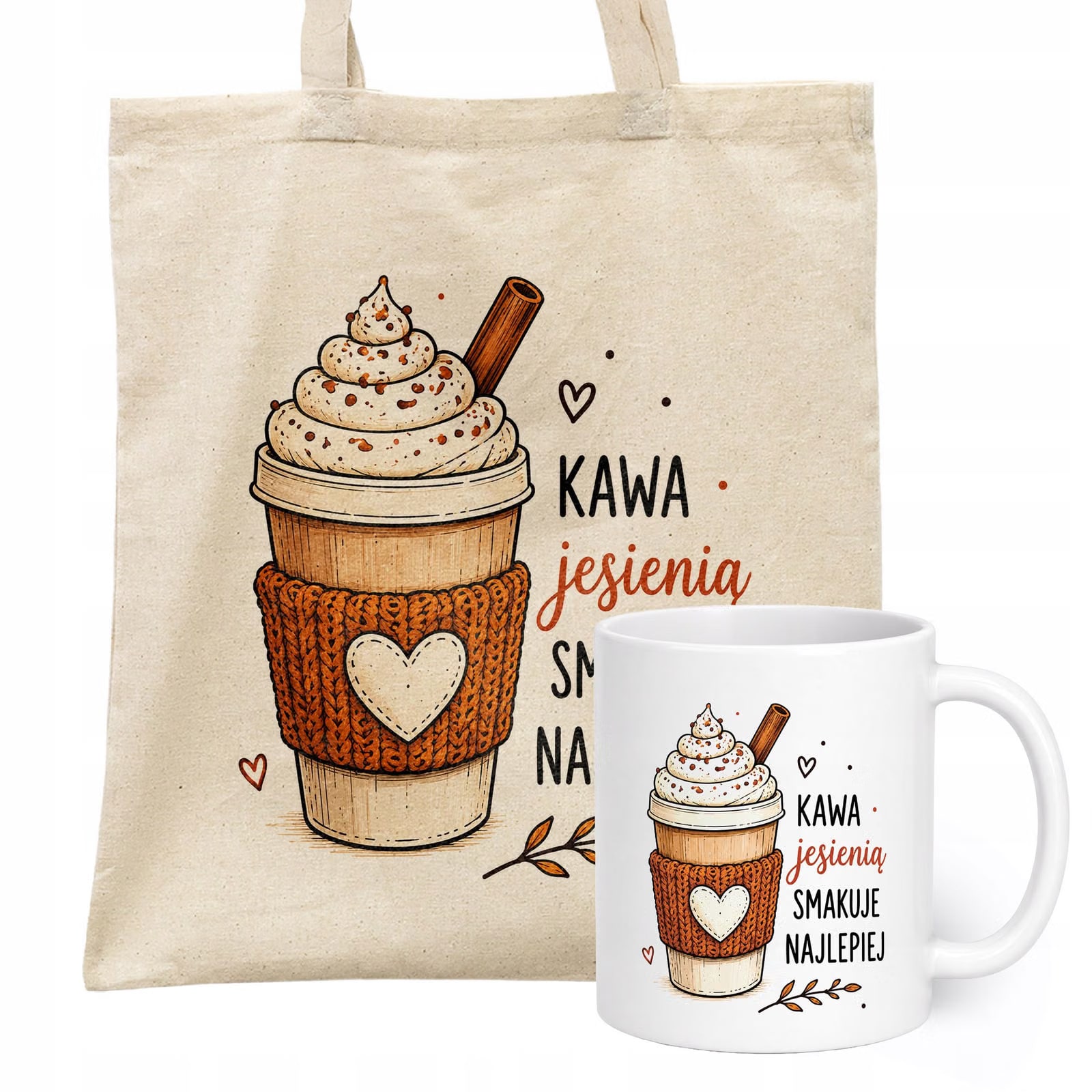 Zestaw Kubek Biały Torba Shopper Ecru Z Nadrukiem Jesień Jesienny Prezent
