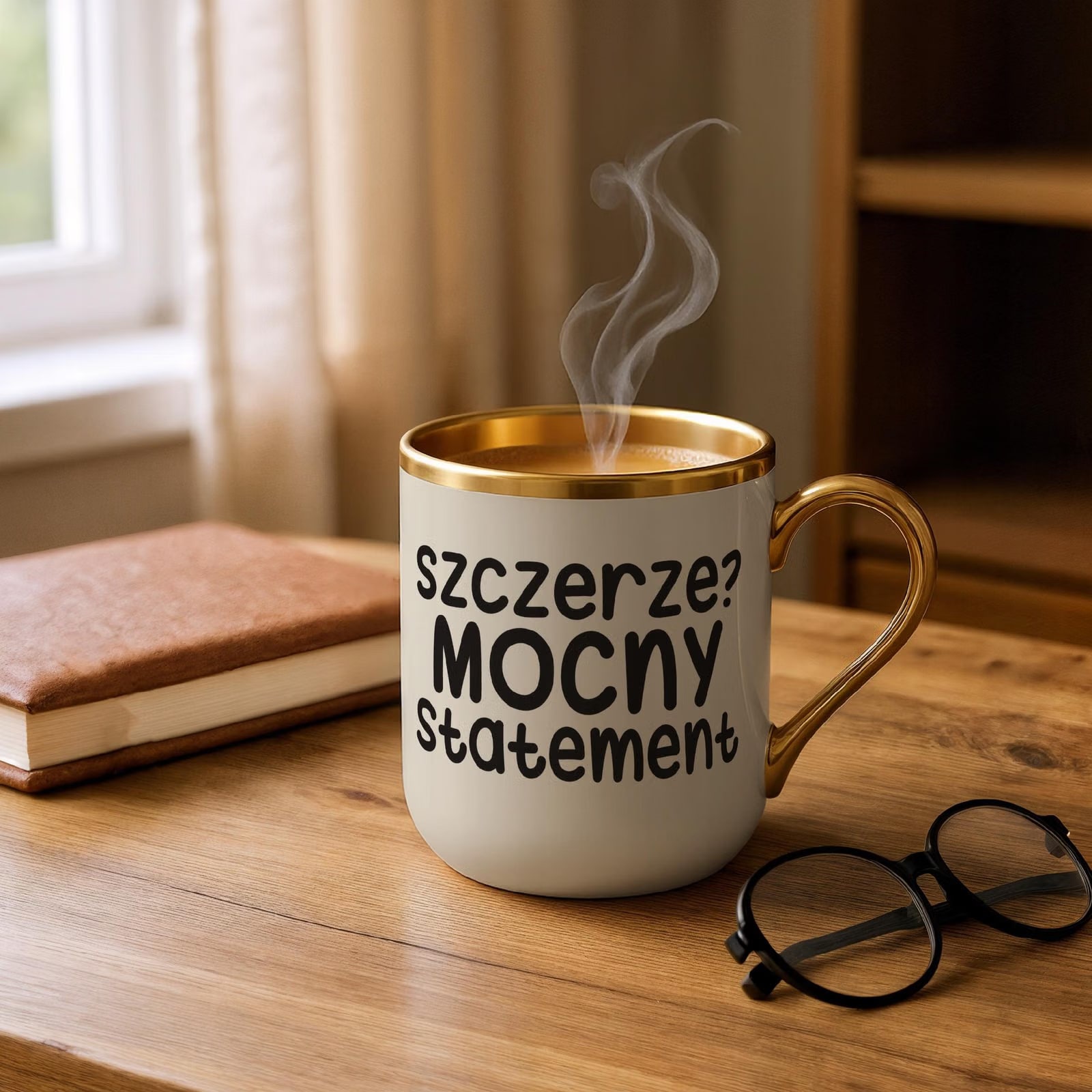 Kubek Premium Złoty Ecru Szczerze Mocny Statement Śmieszny Zabawny