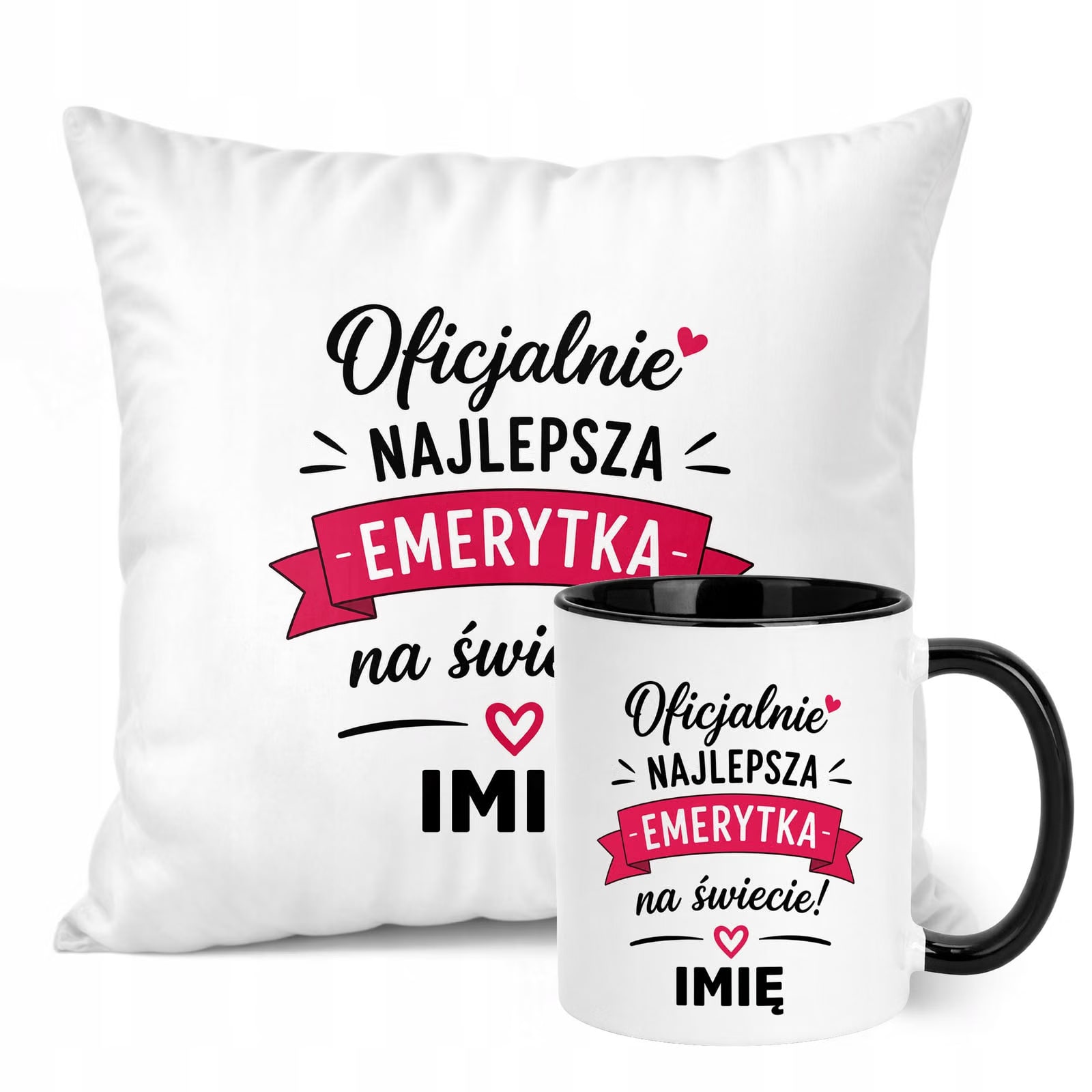 Zestaw Personalizowany Kubek Czarny Poduszka Emerytura Upominek Prezent