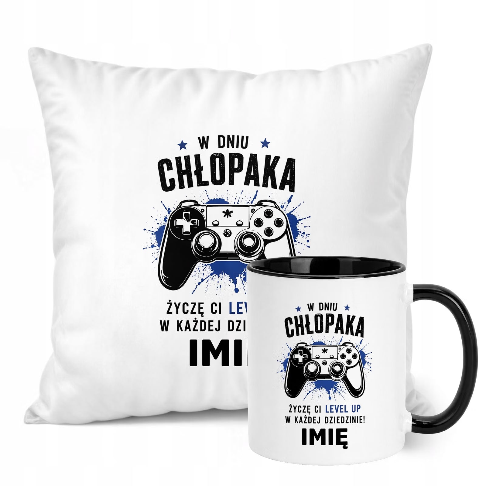 Zestaw Personalizowany Kubek Czarny Poduszka Dzień Chłopaka Z Nadrukiem