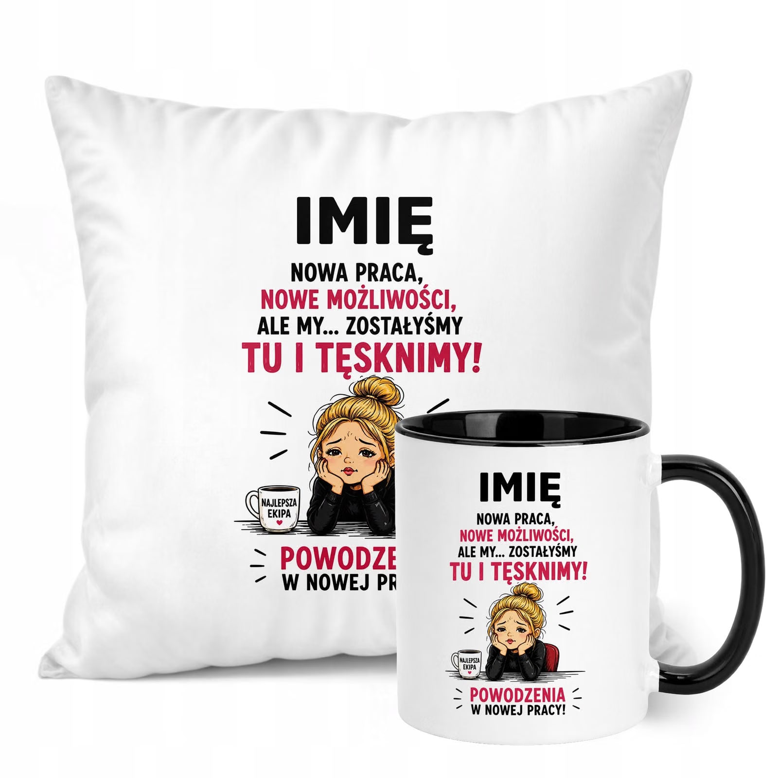 Zestaw Personalizowany Kubek Czarny Poduszka Odejście z Pracy Prezent