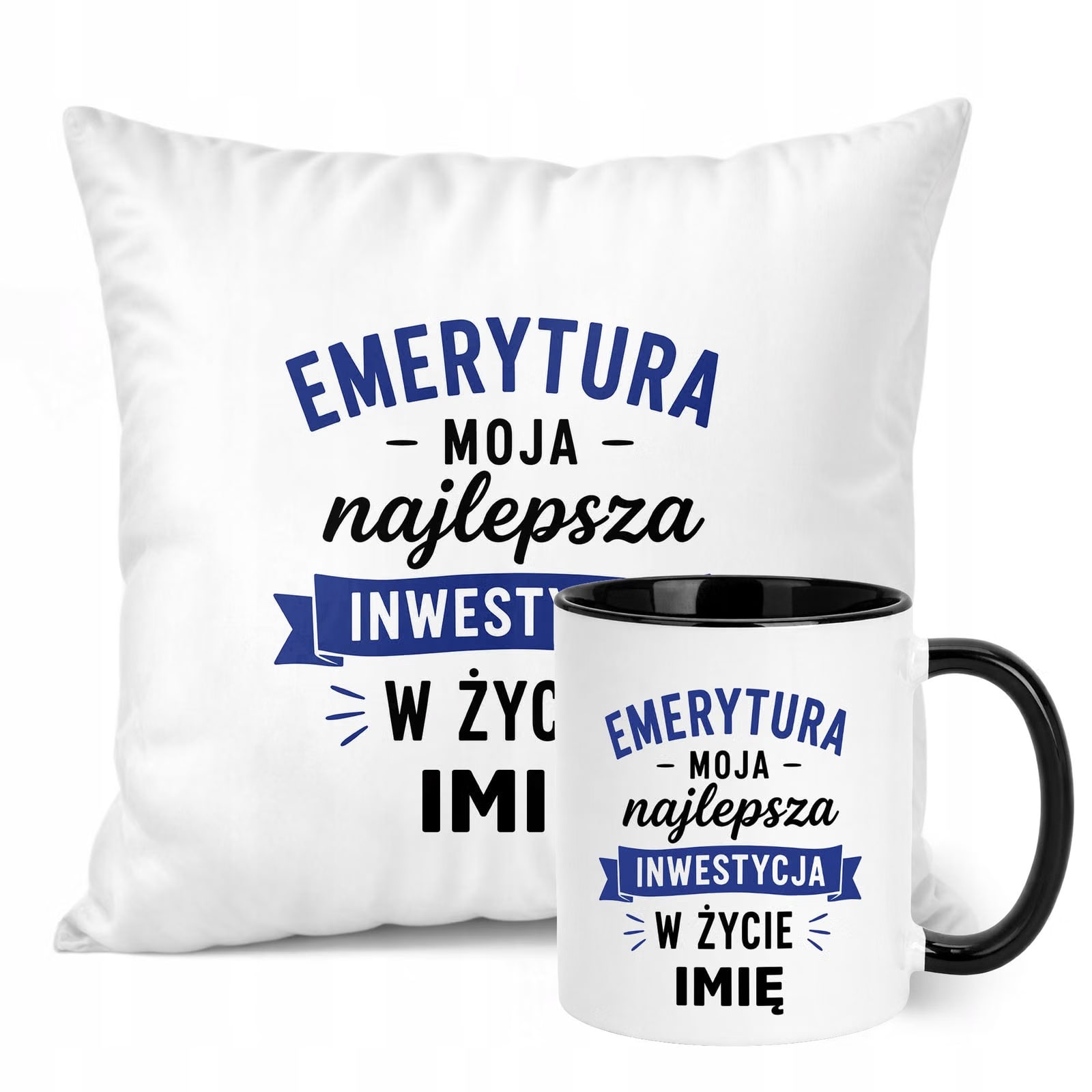 Zestaw Personalizowany Kubek Czarny Poduszka Emerytura Upominek Prezent