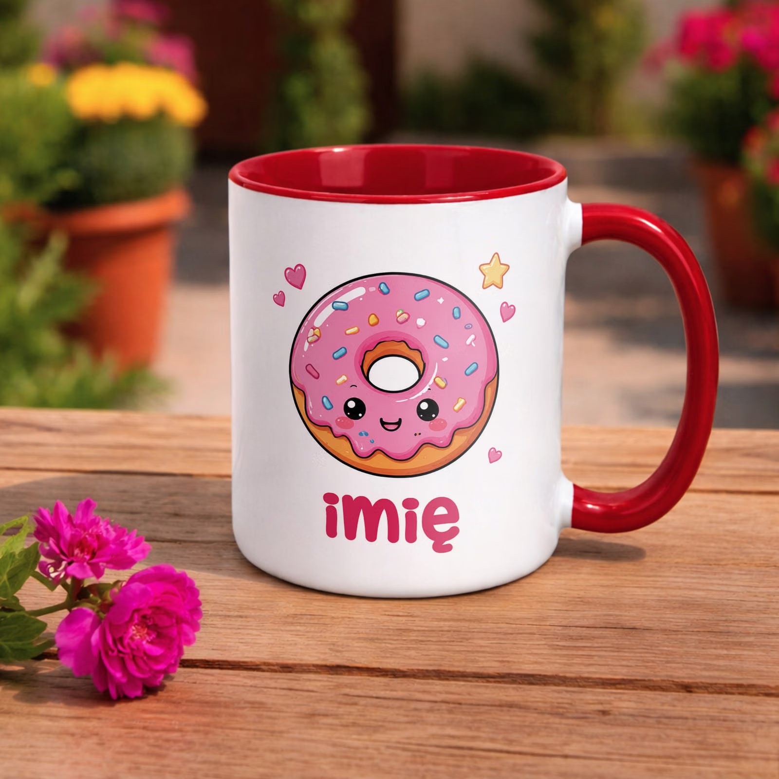 Kubek Czerwony z nadrukiem personalizowany Kawaii Pączek Dla Dzieci Prezent