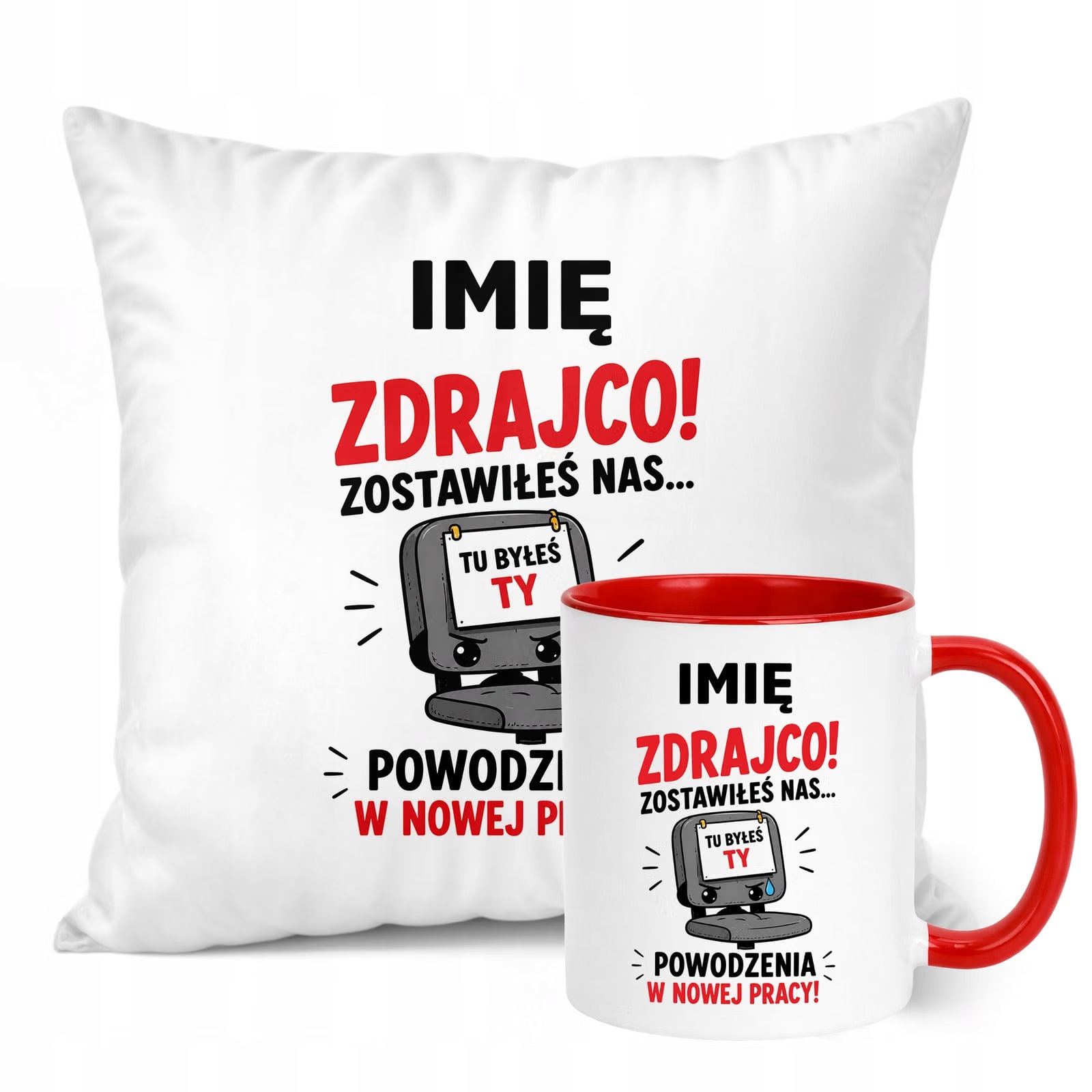 Zestaw Personalizowany Kubek Czerwony Poduszka Odejście z Pracy Prezent