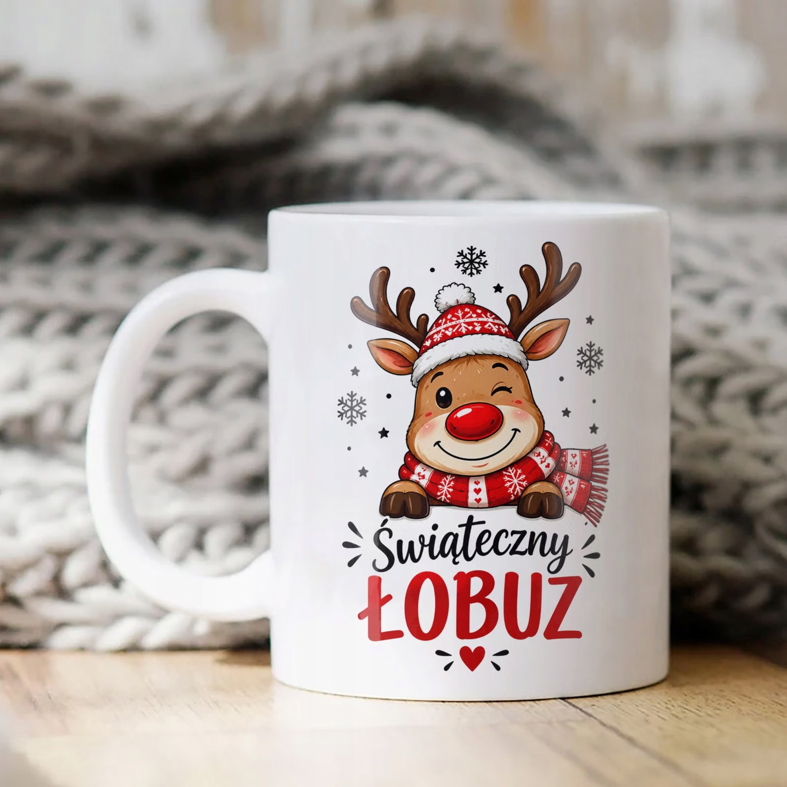 Kubek Biały z Nadrukiem Boże Narodzenie Mikołajki Święta Renifer Prezent