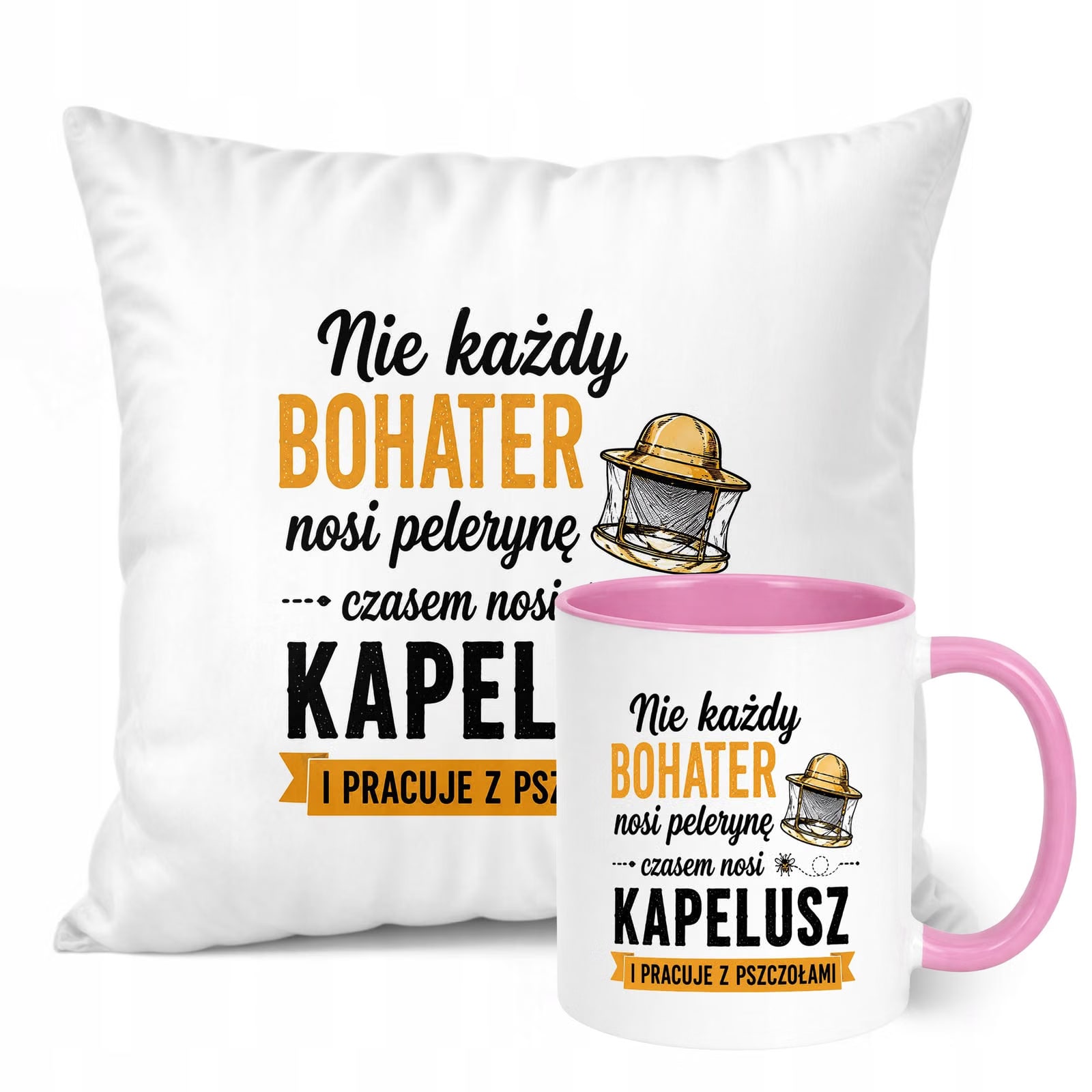 Zestaw Kubek Różowy Poduszka Z Nadrukiem Dla Pszczelarza Prezent