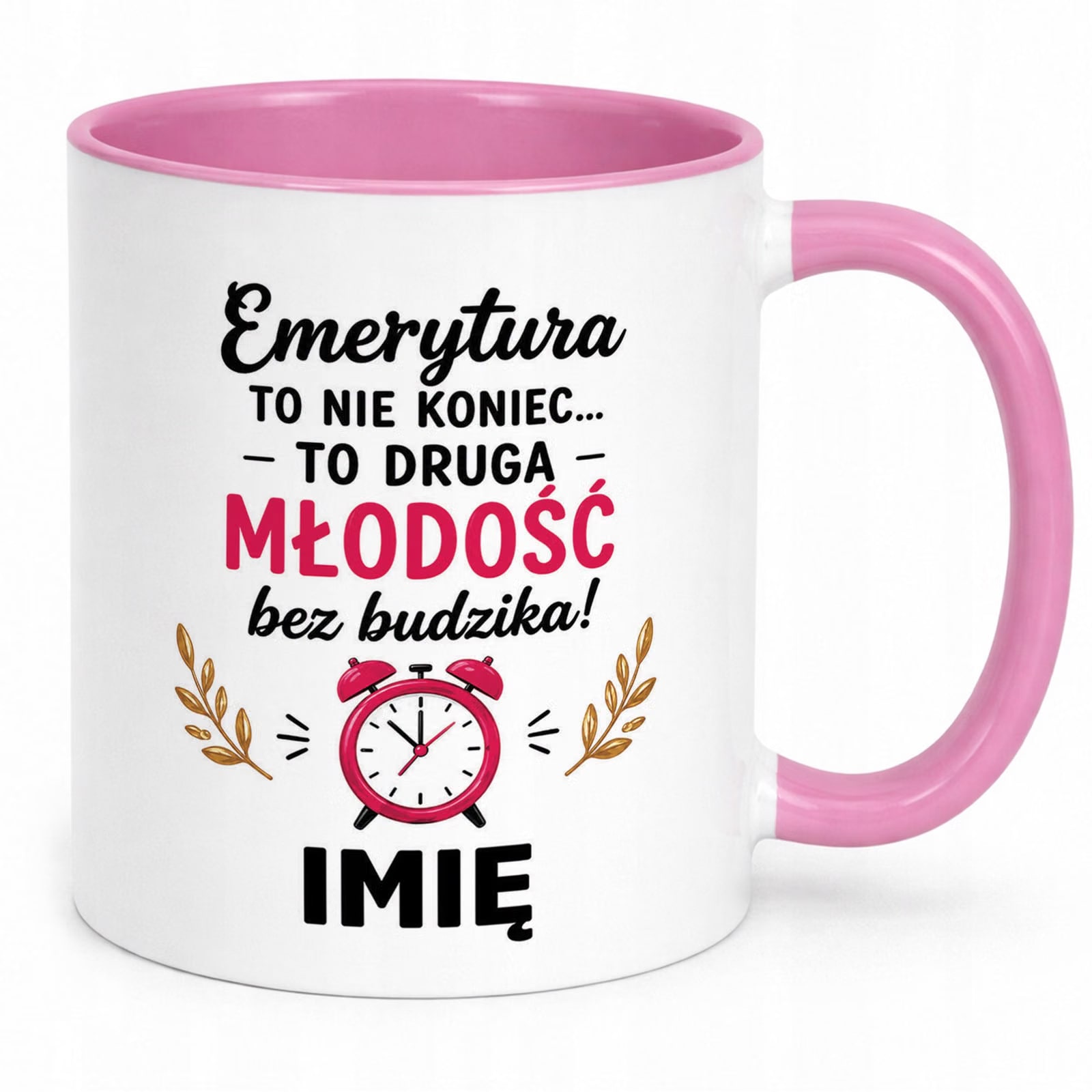 Kubek Różowy Personalizowany z Nadrukiem Emerytura Dla Emerytki Prezent