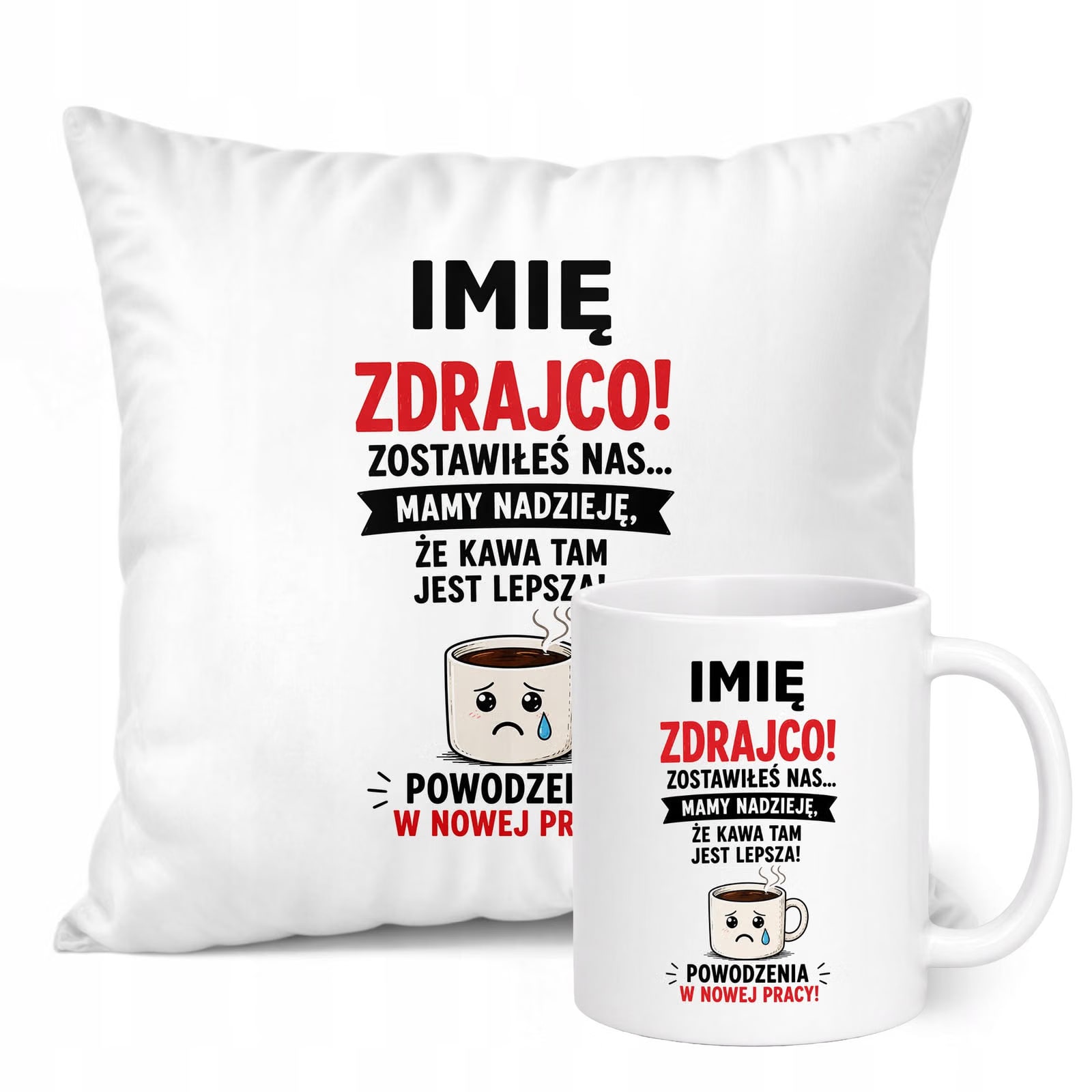 Zestaw Personalizowany Kubek Biały Poduszka Odejście z Pracy Prezent