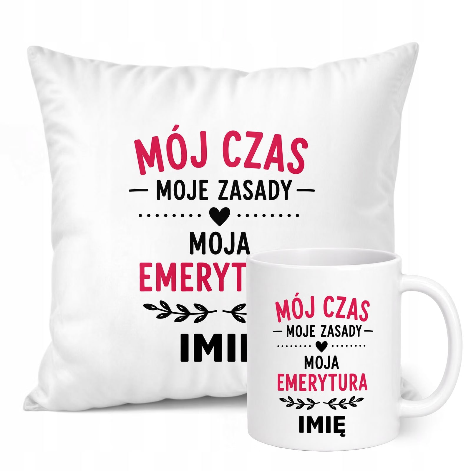 Zestaw Personalizowany Kubek Biały Poduszka Emerytura Dla Emerytki Prezent