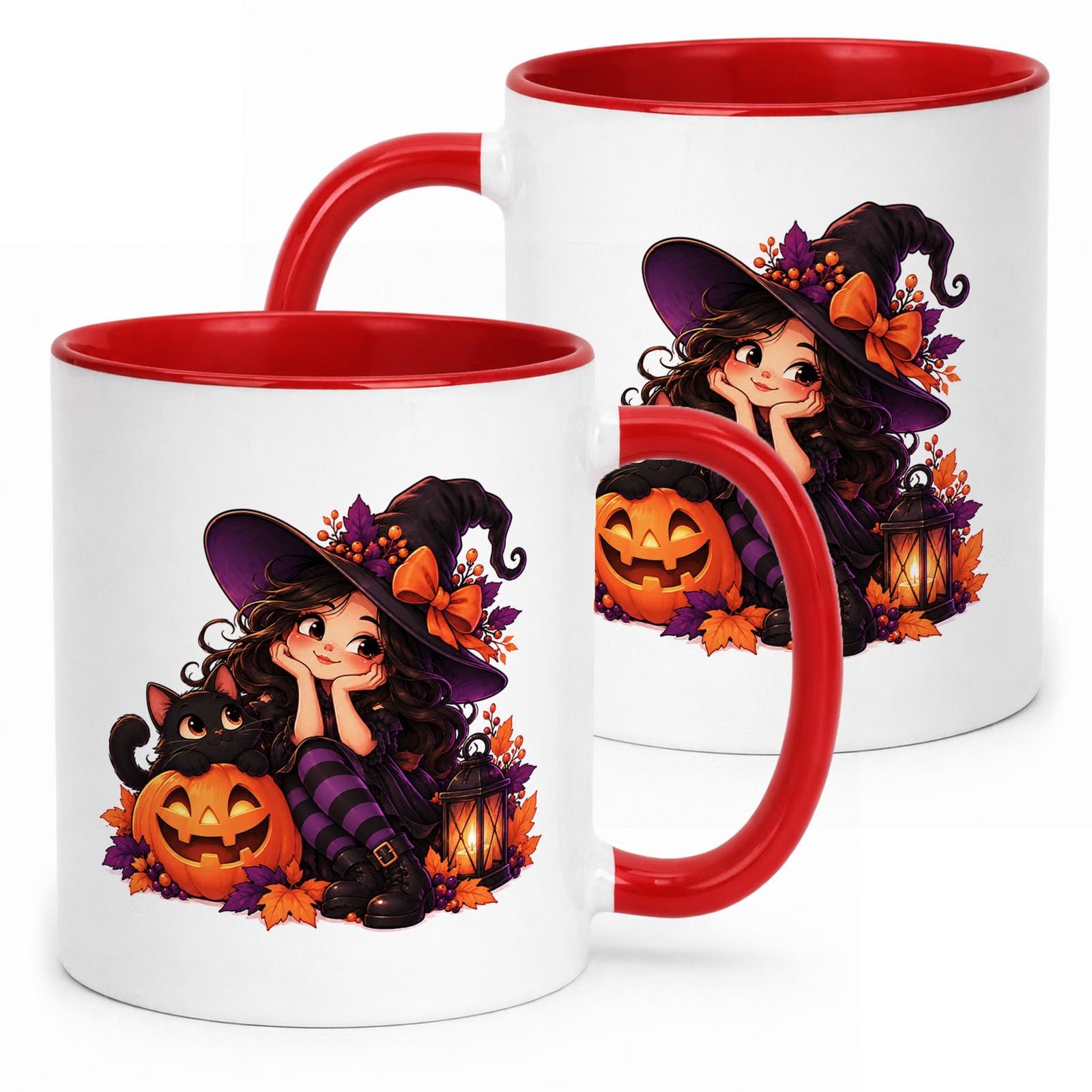 Kubek Czerwony z Nadrukiem Halloween Jesień Czarownica Kot Prezent Upominek