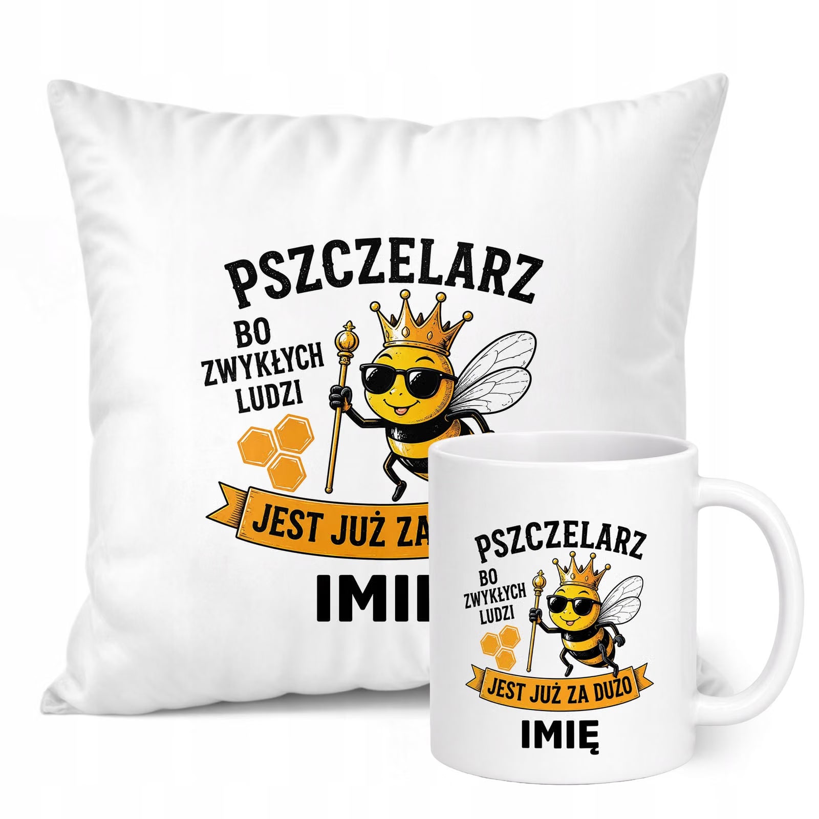 Zestaw Personalizowany Kubek Biały Poduszka Z Nadrukiem Dla Pszczelarza
